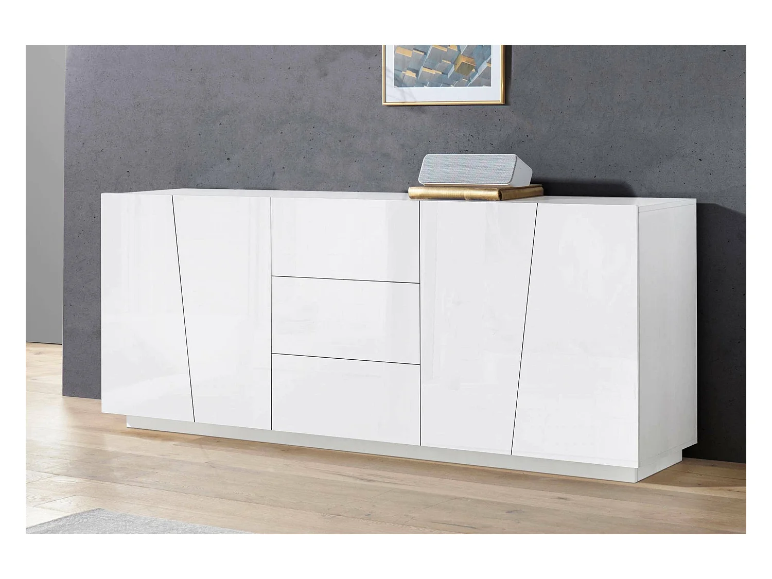 Sven Dressoir, Keukendressoir met 4 deuren en 3 laden, Woonkamerbuffet, 100% Made in Italy, 220x43h86 cm, Glanzend wit