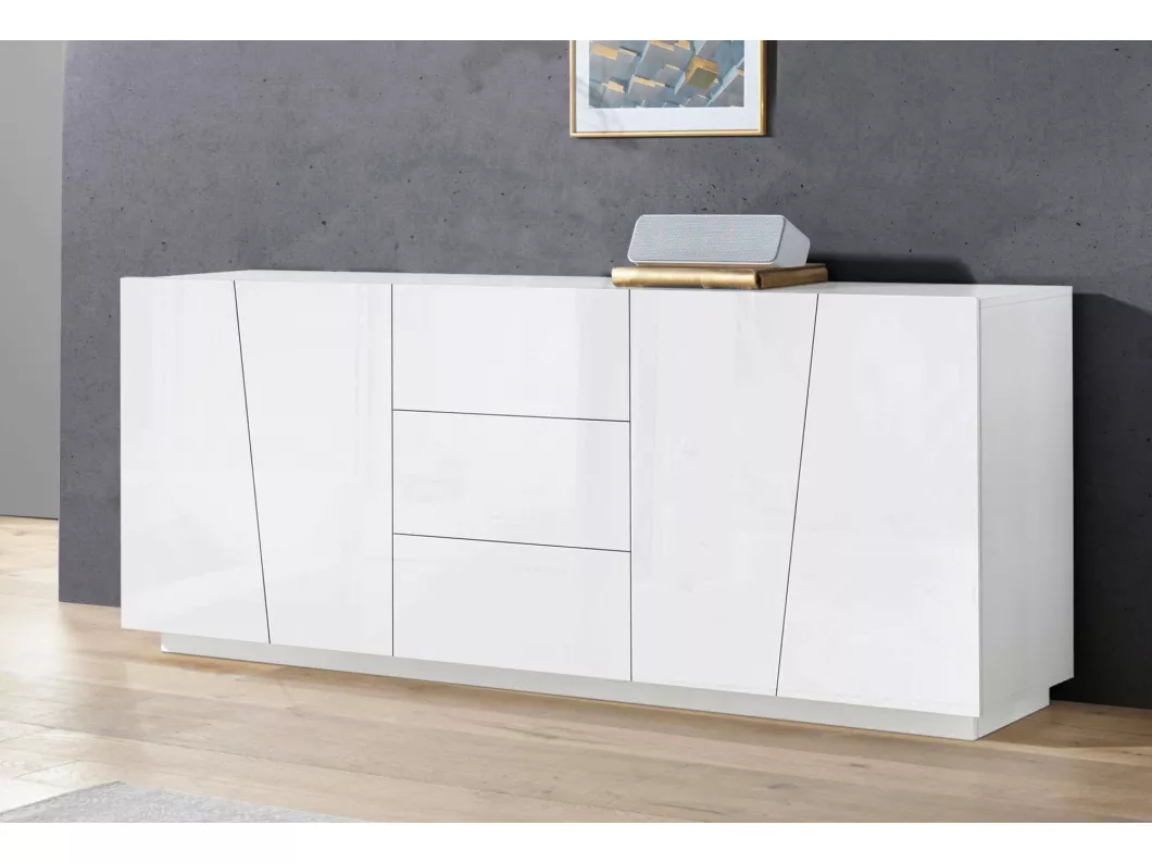 Kauf Unique Kommode Sven, Küchen-Sideboard mit 4 Türen und 3 Schubladen, Wohnzimmer-Buffet, 100 % Made in Italy, 220 x 43 x 86 cm, glänzendes Weiß,