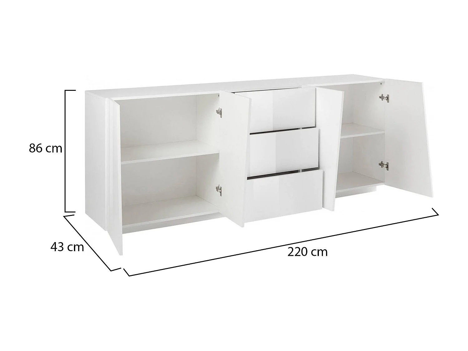 Buffet Sven, Buffet de cuisine avec 4 portes et 3 tiroirs, Buffet de salon, 100% Made in Italy, 220x43h86 cm, Blanc brillant