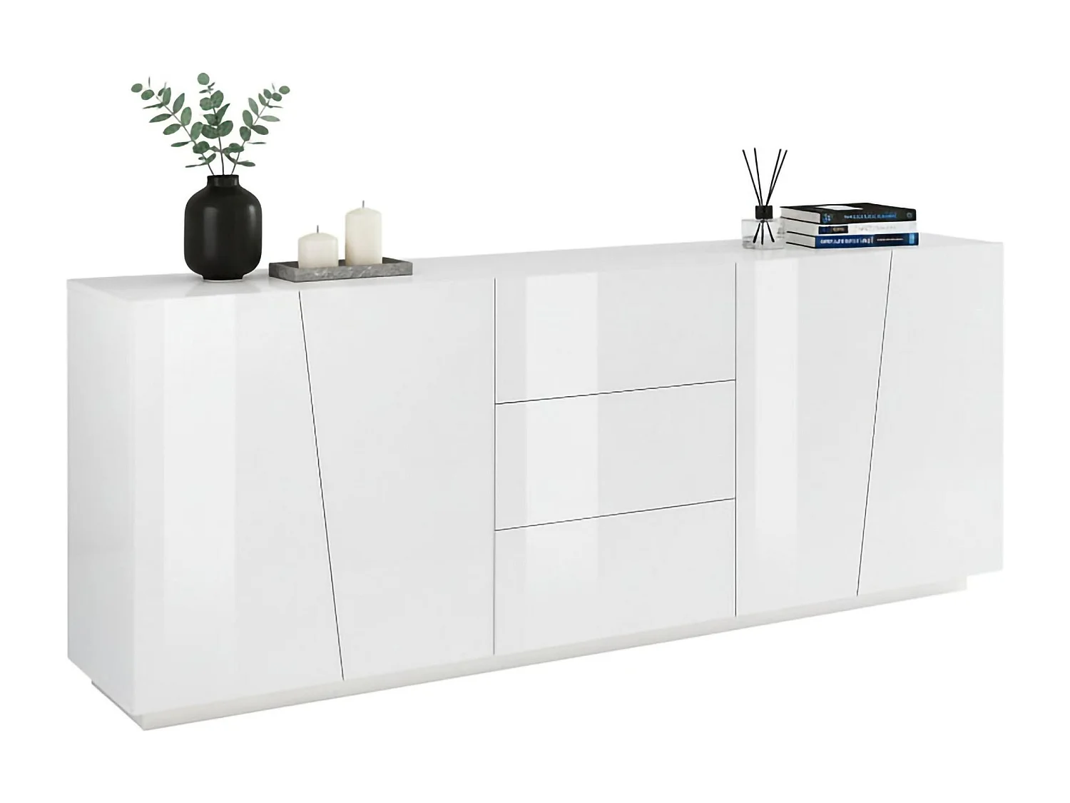 Buffet Sven, Buffet de cuisine avec 4 portes et 3 tiroirs, Buffet de salon, 100% Made in Italy, 220x43h86 cm, Blanc brillant