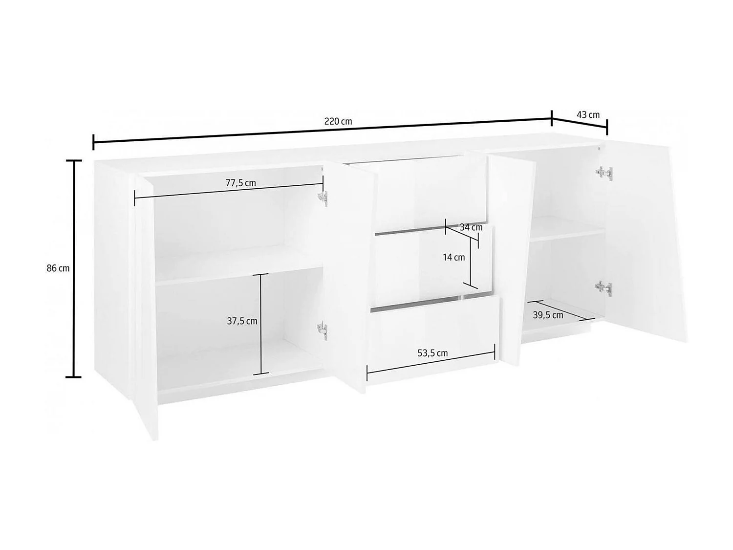 Dmora Sven Dressoir 43x220x86h cm Wit Glanzend, 2 Planken 3 Laden, Buffet 4 Vakken Made in Italy