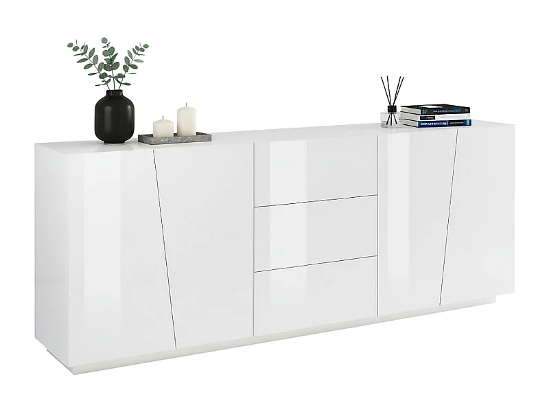 Buffet Sven, Buffet de cuisine avec 4 portes et 3 tiroirs, Buffet de salon, 100% Made in Italy, 220x43h86 cm, Blanc brillant