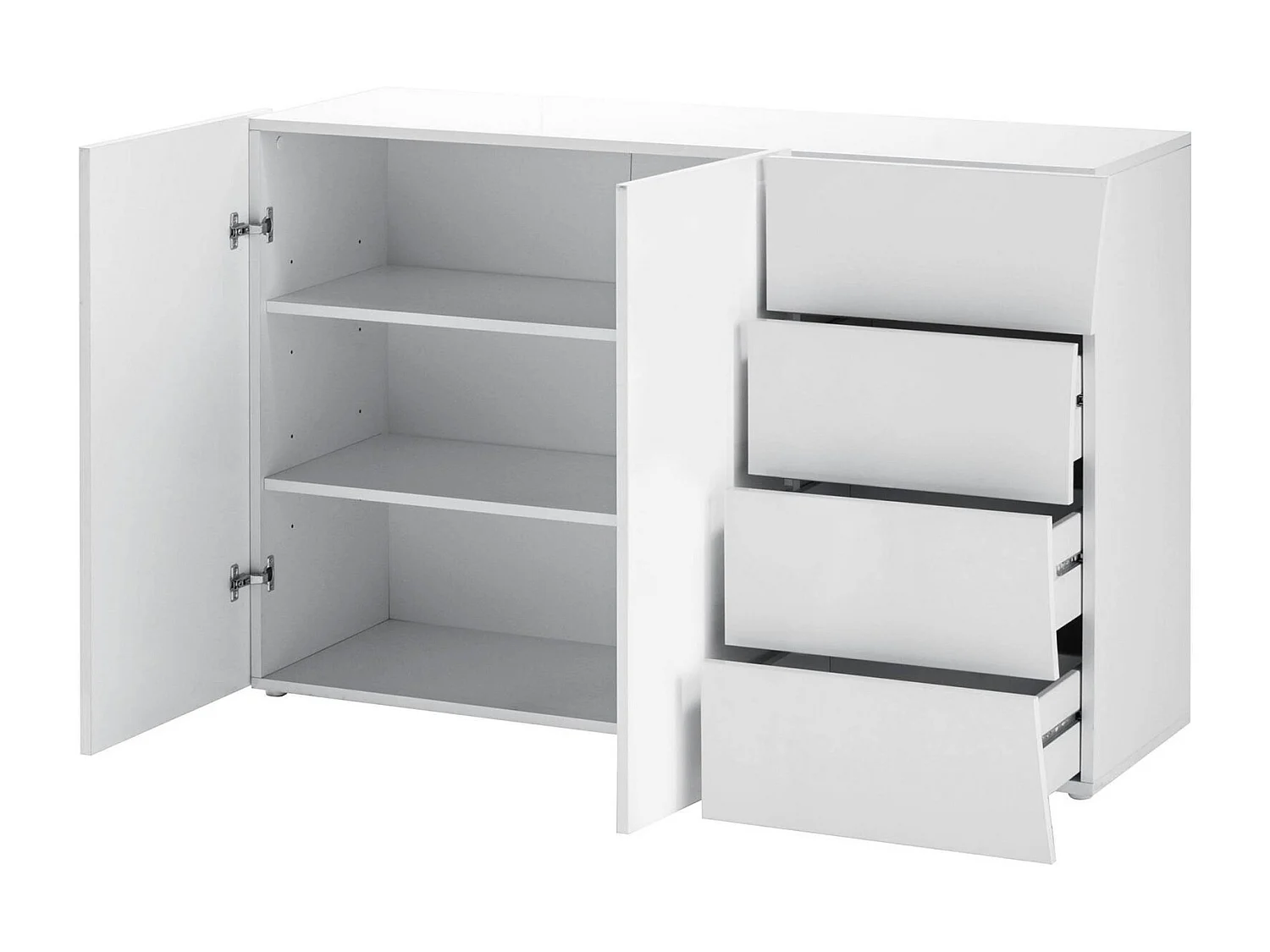 Kommode Tommaso, Küchen-Sideboard mit 2 Türen und 4 Schubladen, Wohnzimmer-Buffet, 100 % Made in Italy, 124 x 40 x 82 cm, glänzendes Weiß,