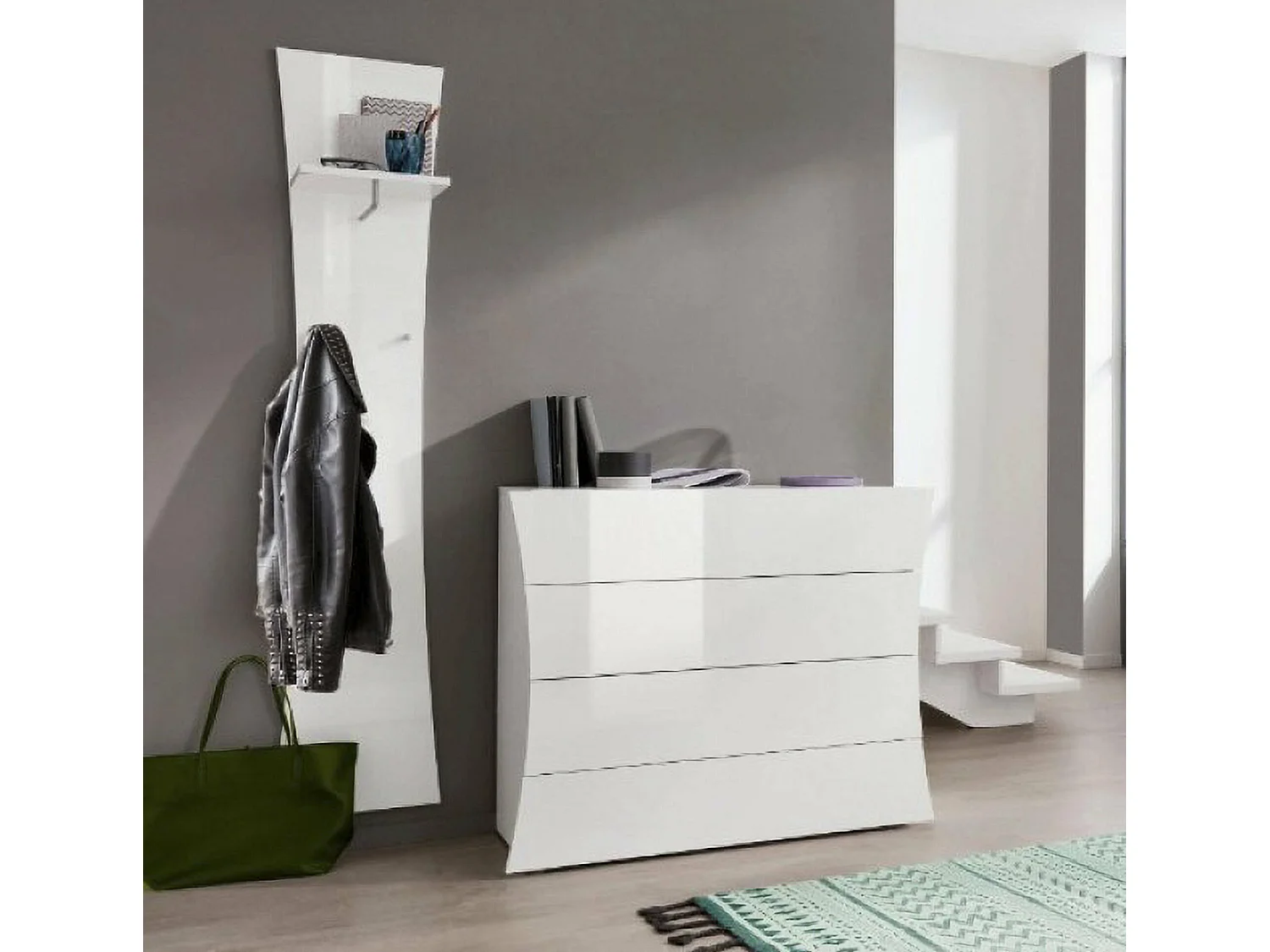 Tommaso dressoir, Keukendressoir met 2 deuren en 4 laden, Woonkamerbuffet, 100% Made in Italy, 124x40h82 cm, Glanzend wit