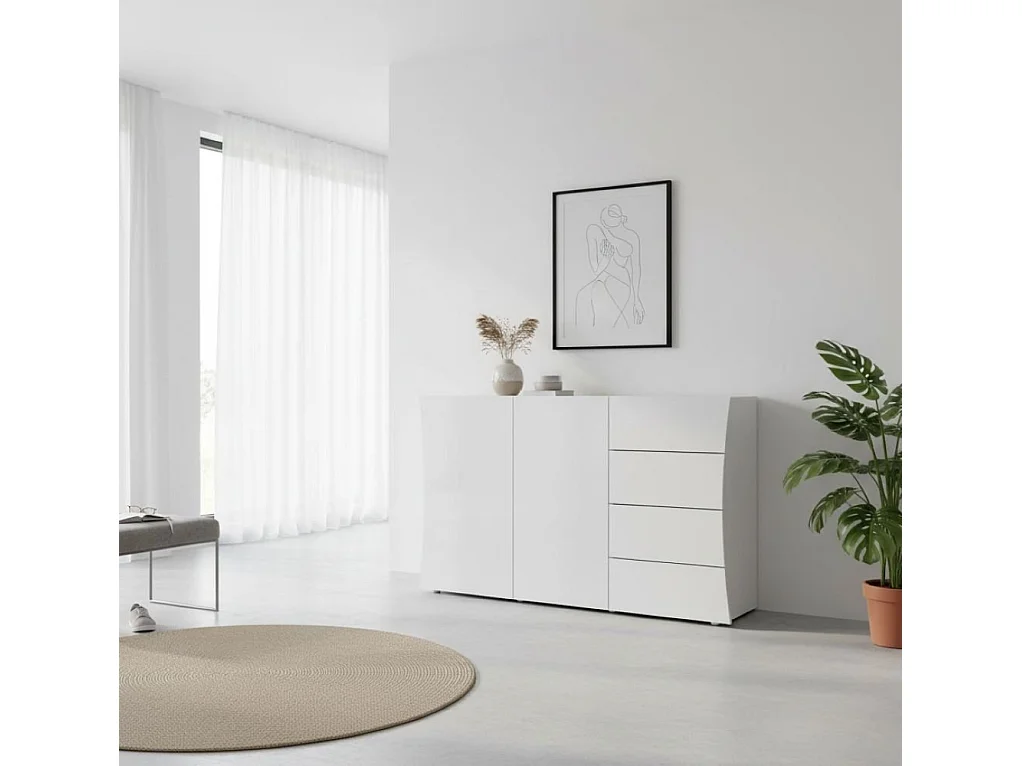 Dmora Dressoir Tommaso 40x124x81,5h cm Hoogglans Wit 2 Planken 4 Lades, Dressoir 3 Vakken Made in Italy