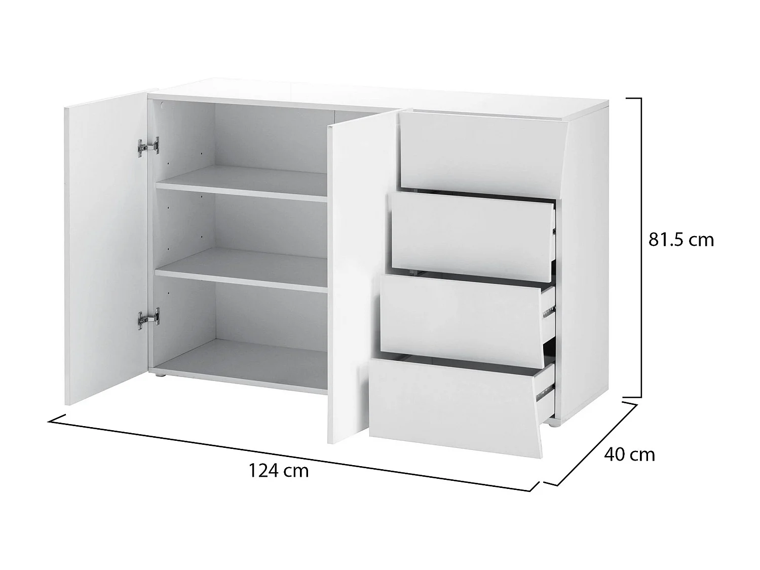 Dmora Dressoir Tommaso 40x124x81,5h cm Hoogglans Wit 2 Planken 4 Lades, Dressoir 3 Vakken Made in Italy