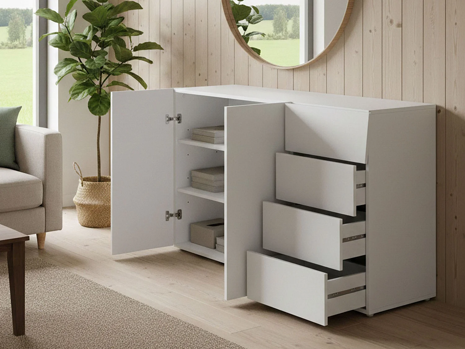 Dmora Dressoir Tommaso 40x124x81,5h cm Hoogglans Wit 2 Planken 4 Lades, Dressoir 3 Vakken Made in Italy