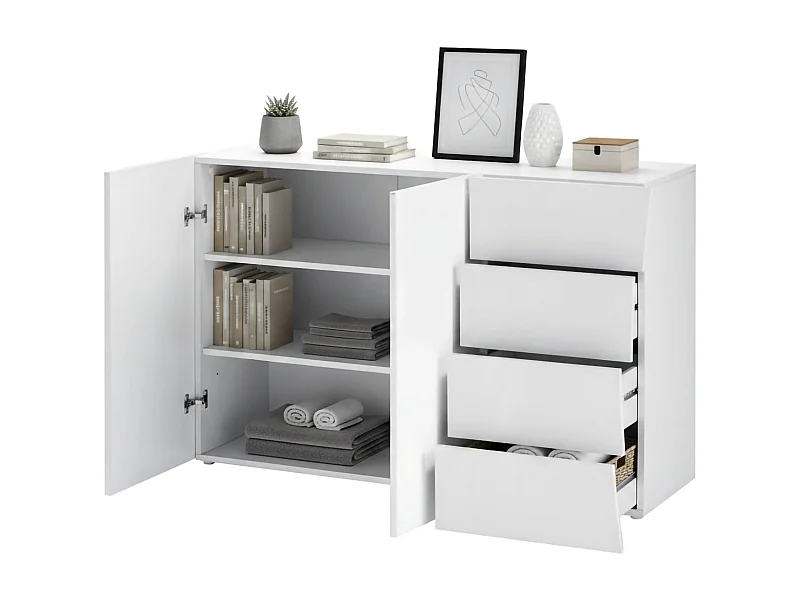 Buffet Tommaso, Buffet de cuisine avec 2 portes et 4 tiroirs, Buffet de salon, 100% Made in Italy, 124x40h82 cm, Blanc brillant