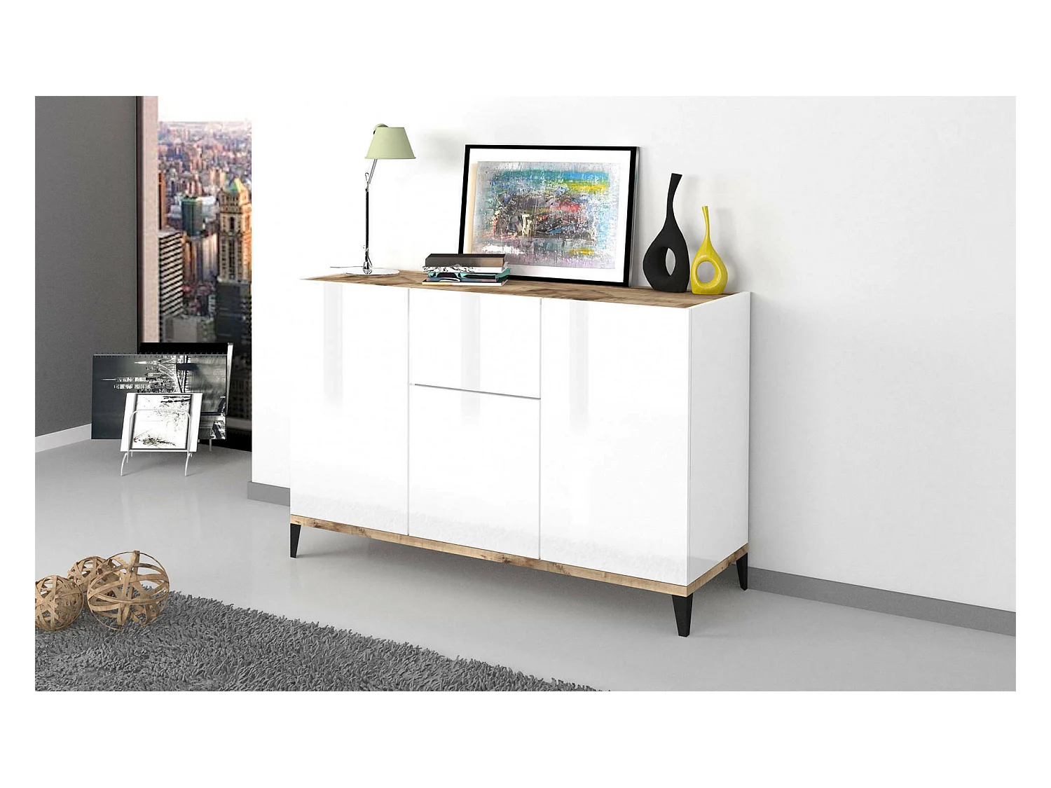 Buffet Giorgio, Buffet de cuisine avec 3 portes et 1 tiroir, Buffet de salon, Buffet de cuisine, 100% Made in Italy, 120x40h82 cm, Blanc brillant et Érable