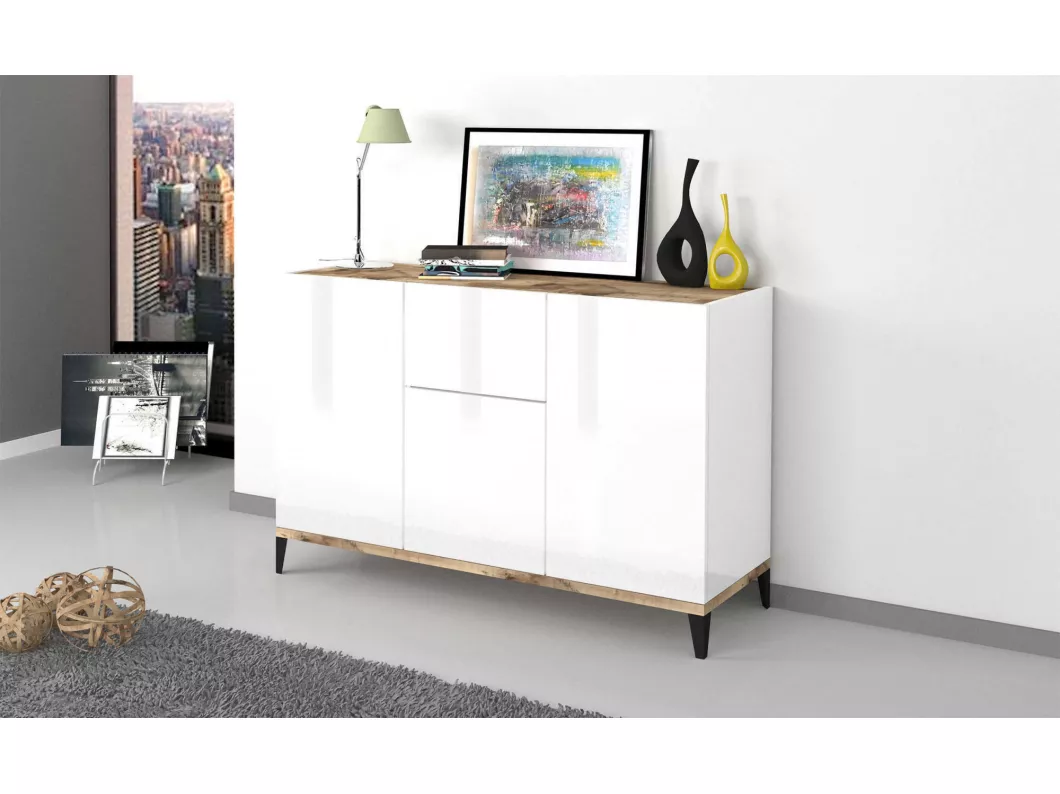 Kauf Unique Kommode Giorgio, Küchen-Sideboard mit 3 Türen und 1 Schublade, Wohnzimmer-Buffet, Küchen-Sideboard, 100 % Made in Italy, 120 x 40 x 82 cm, glänzendes Weiß und Ahorn