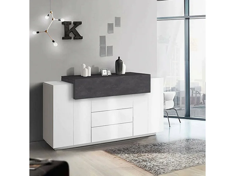 Milo Dressoir, Keukendressoir met 3 deuren en 3 laden, Woonkamerbuffet, 100% Made in Italy, 160x45h86 cm, Glanzend wit en leisteen