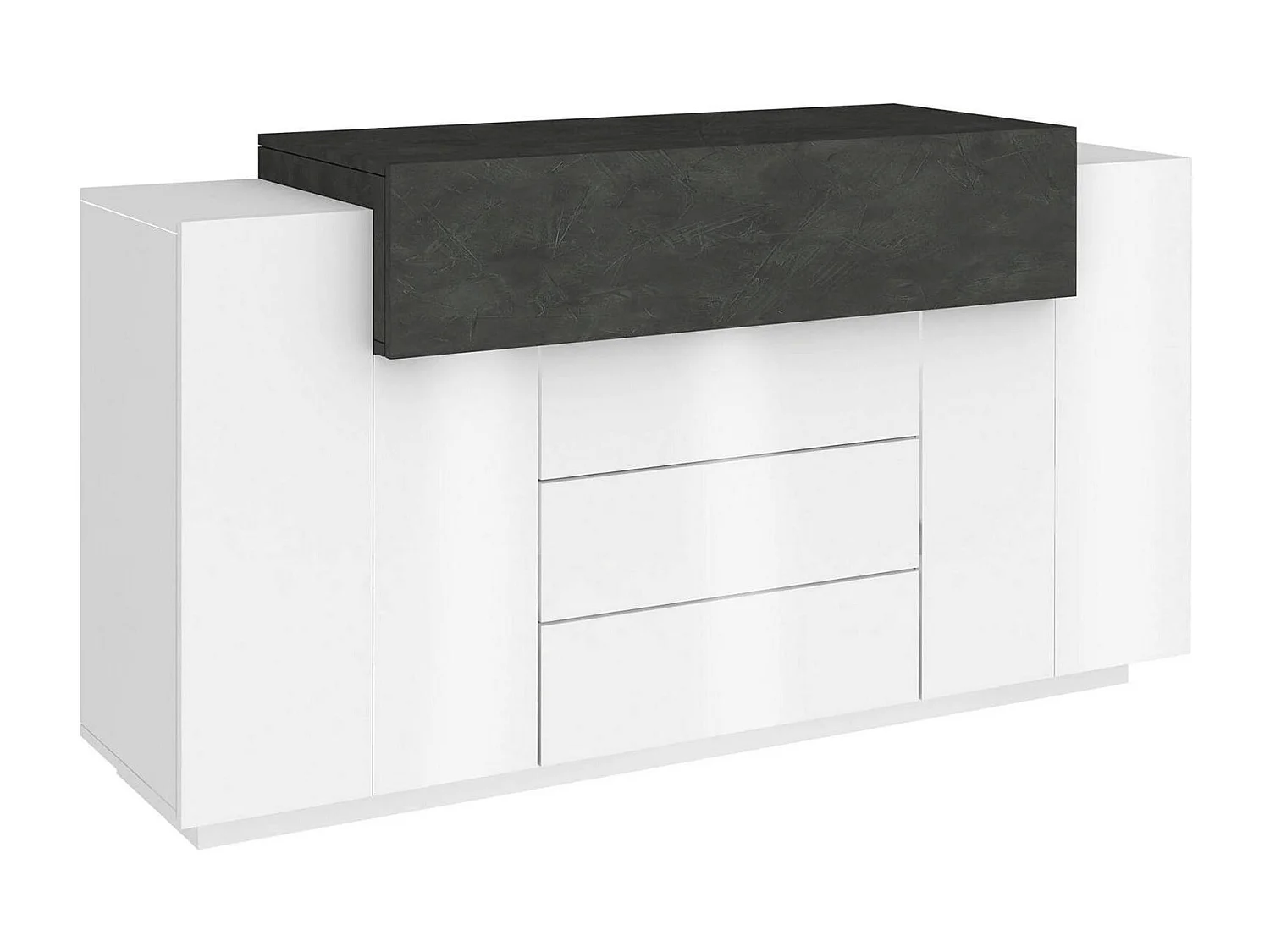 Milo Dressoir, Keukendressoir met 3 deuren en 3 laden, Woonkamerbuffet, 100% Made in Italy, 160x45h86 cm, Glanzend wit en leisteen