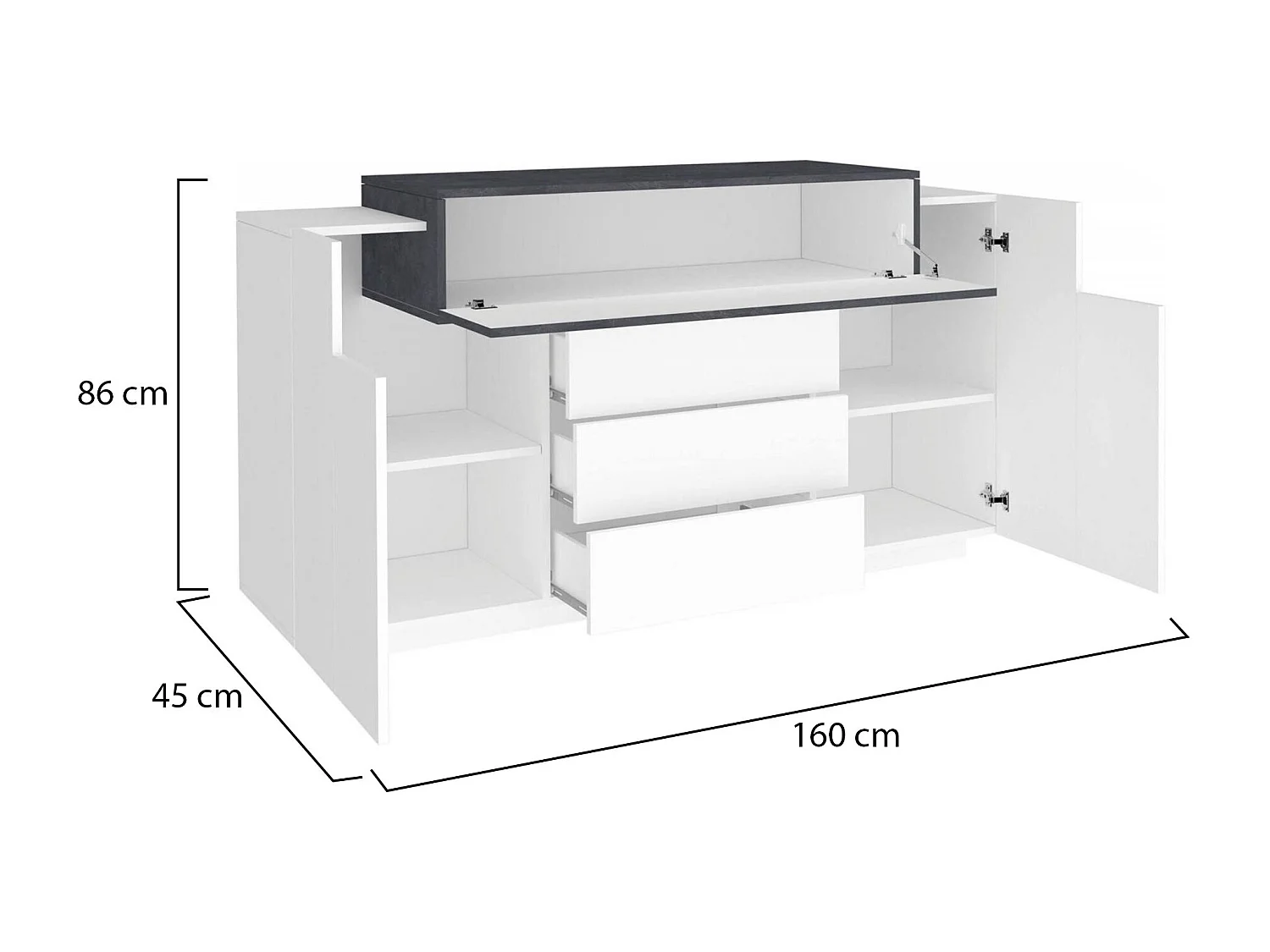 Buffet Milo, Buffet de cuisine avec 3 portes et 3 tiroirs, Buffet de salon, 100% Made in Italy, 160x45h86 cm, Blanc brillant et ardoise