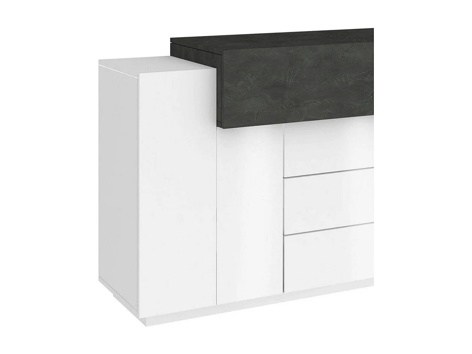Buffet Milo, Buffet de cuisine avec 3 portes et 3 tiroirs, Buffet de salon, 100% Made in Italy, 160x45h86 cm, Blanc brillant et ardoise