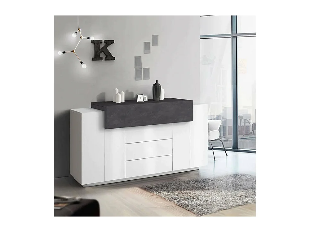 Buffet Milo, Buffet de cuisine avec 3 portes et 3 tiroirs, Buffet de salon, 100% Made in Italy, 160x45h86 cm, Blanc brillant et ardoise