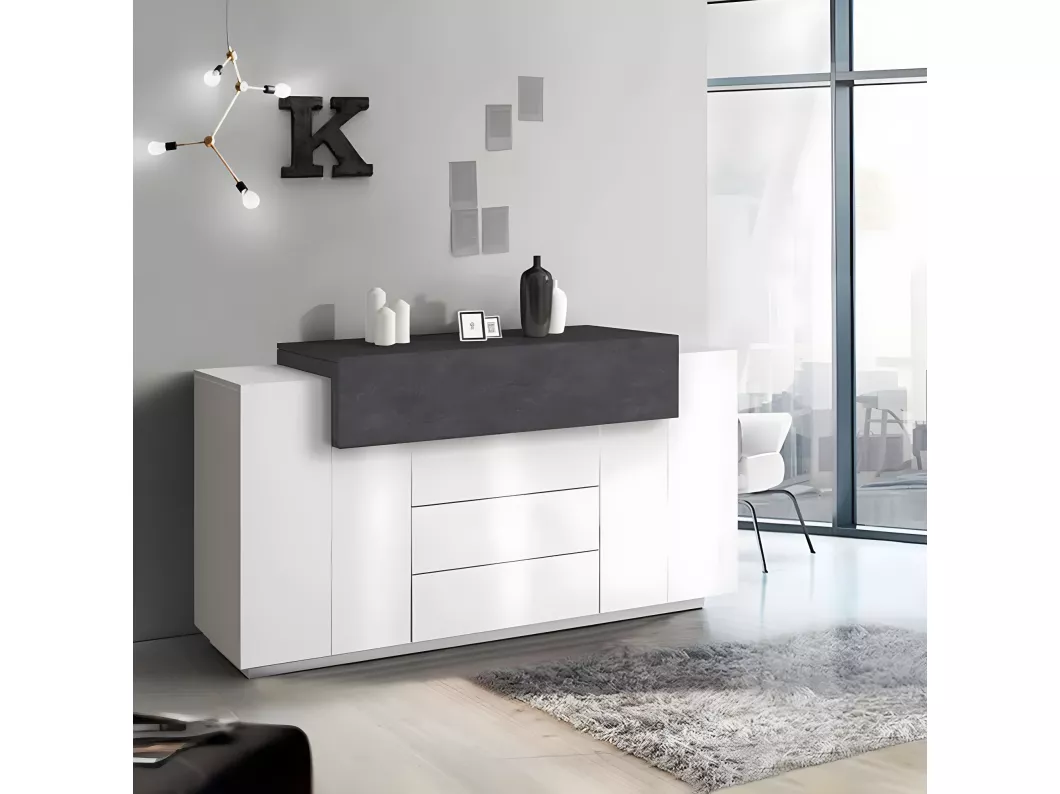 Kauf Unique Kommode Milo, Küchen-Sideboard mit 3 Türen und 3 Schubladen, Wohnzimmer-Buffet, 100 % Made in Italy, 160 x 45 x 86 cm, glänzendes Weiß und Schiefer,