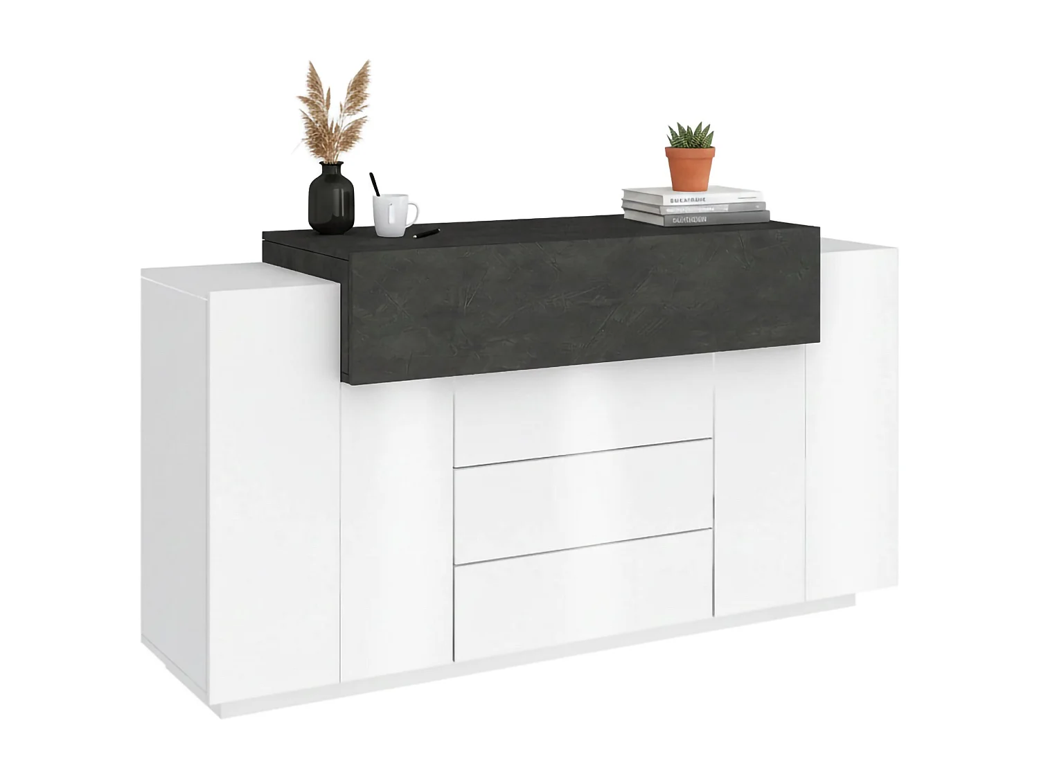 Buffet Milo, Buffet de cuisine avec 3 portes et 3 tiroirs, Buffet de salon, 100% Made in Italy, 160x45h86 cm, Blanc brillant et ardoise