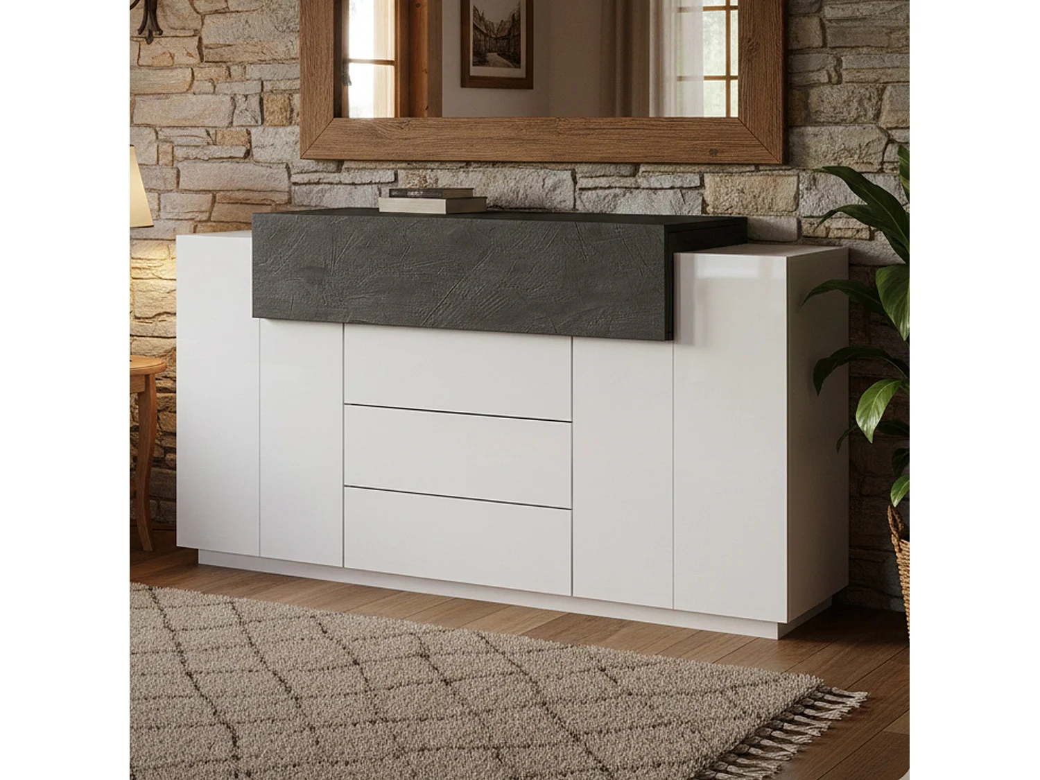 Buffet Milo, Buffet de cuisine avec 3 portes et 3 tiroirs, Buffet de salon, 100% Made in Italy, 160x45h86 cm, Blanc brillant et ardoise