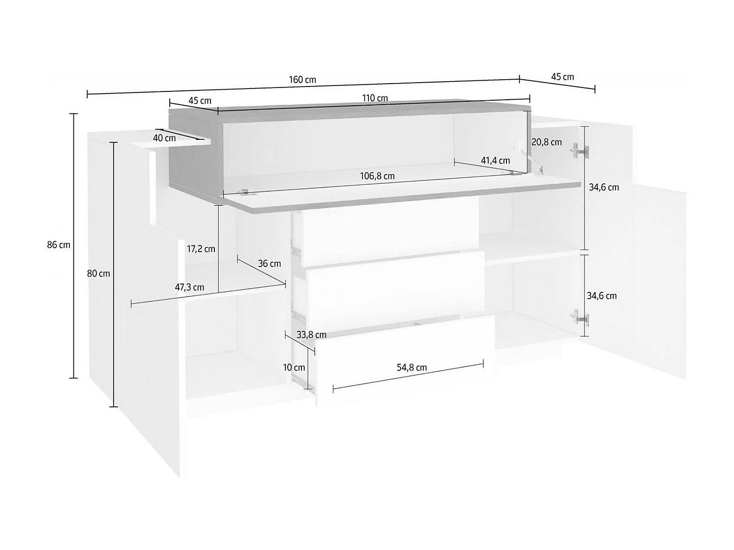 Buffet Milo, Buffet de cuisine avec 3 portes et 3 tiroirs, Buffet de salon, 100% Made in Italy, 160x45h86 cm, Blanc brillant et ardoise