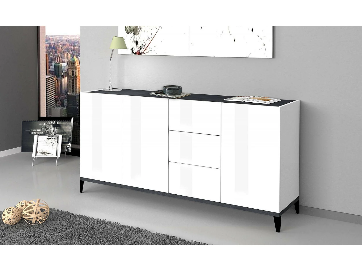 Buffet Paolo, buffet de cuisine 3 portes et 3 tiroirs, Buffet de salon, 100% Made in Italy, 160x40h82 cm, Blanc brillant et ardoise