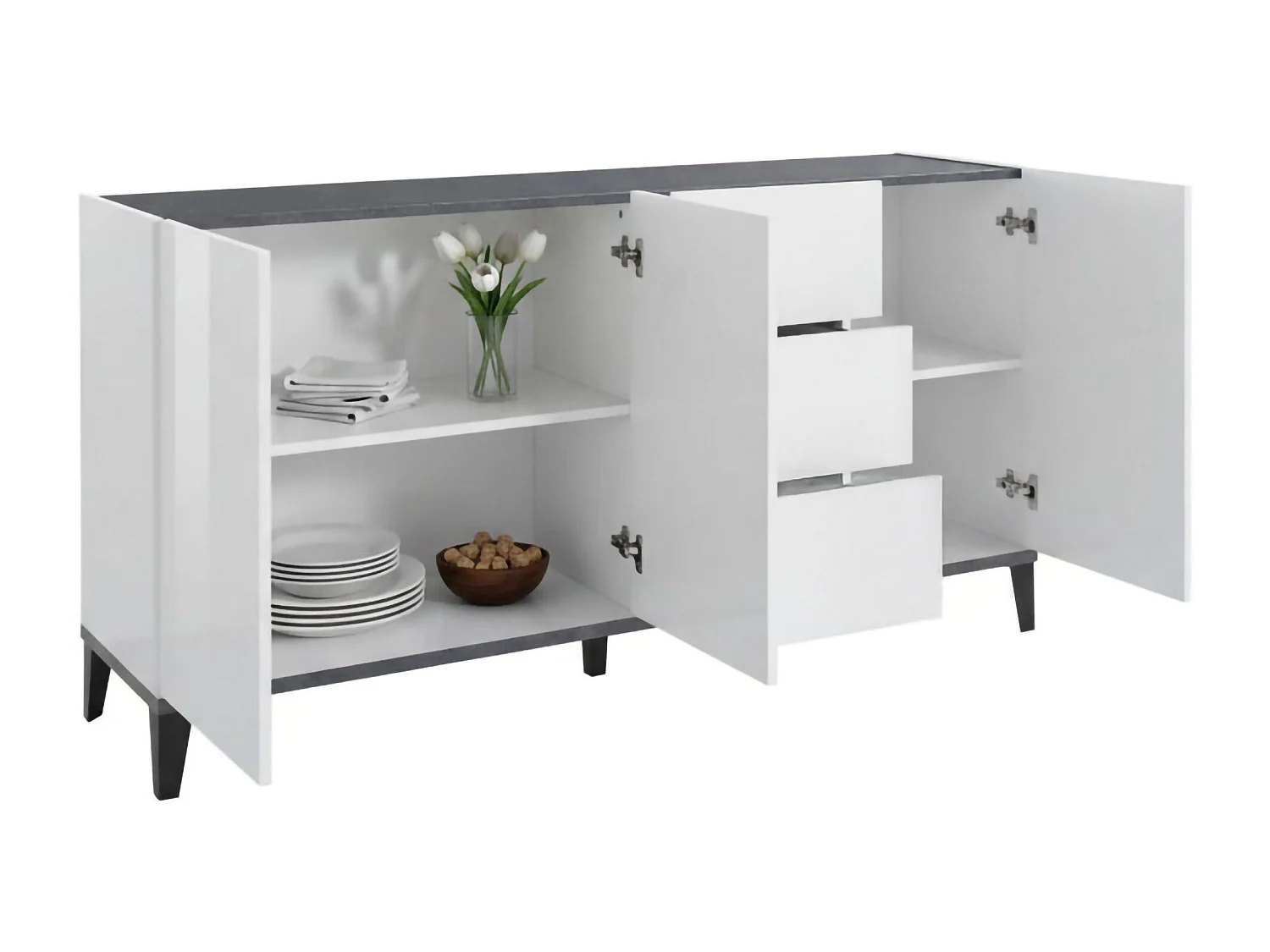 Credenza Paolo, Madia da cucina 3 ante e 3 cassetti, Buffet da soggiorno, 100% Made in Italy, cm 160x40h82, Bianco lucido e Ardesia
