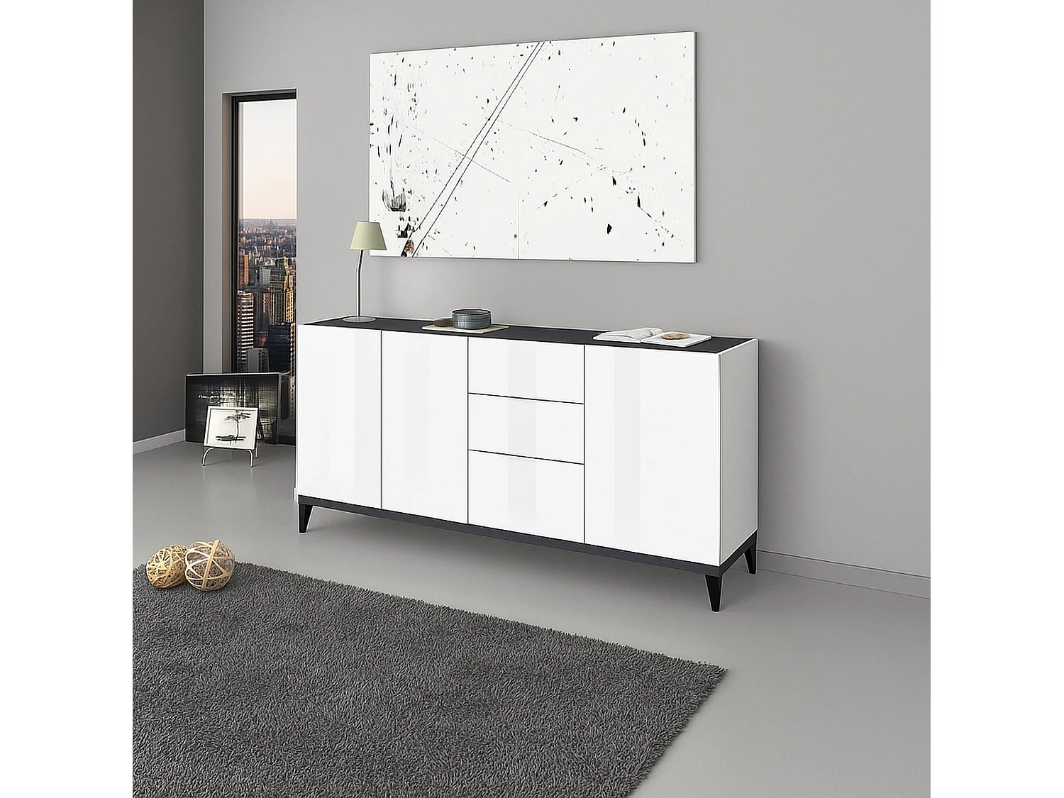 Credenza Paolo, Madia da cucina 3 ante e 3 cassetti, Buffet da soggiorno, 100% Made in Italy, cm 160x40h82, Bianco lucido e Ardesia