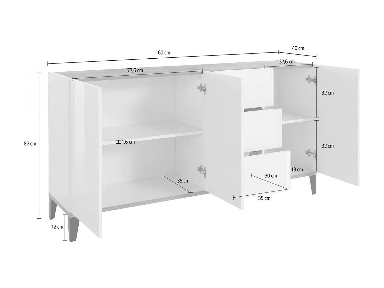 Credenza Paolo, Madia da cucina 3 ante e 3 cassetti, Buffet da soggiorno, 100% Made in Italy, cm 160x40h82, Bianco lucido e Ardesia