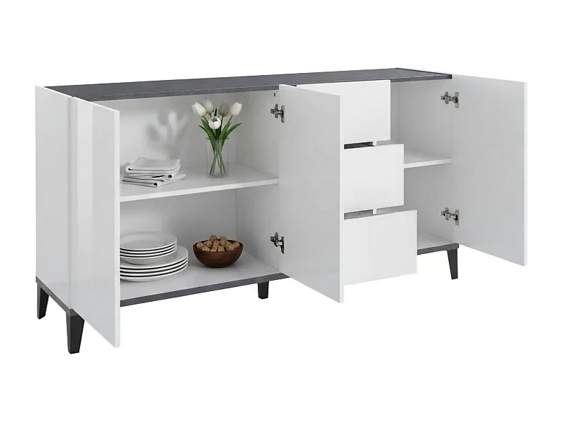 Kommode Paolo, Küchen-Sideboard mit 3 Türen und 3 Schubladen, Wohnzimmer-Buffet, 100 % Made in Italy, 160 x 40 x 82 cm, glänzendes WeiÃŸ und Schiefer,
