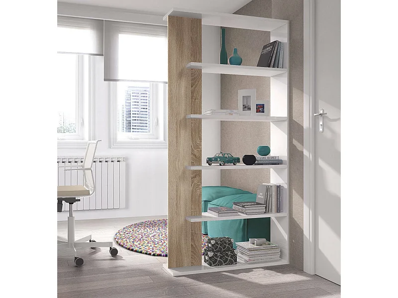Bibliothèque Columbia, Bibliothèque double face avec 5 étagères, Etagère de séparation pour bureau ou chambre, 90x25h180 cm, Blanc et Chêne