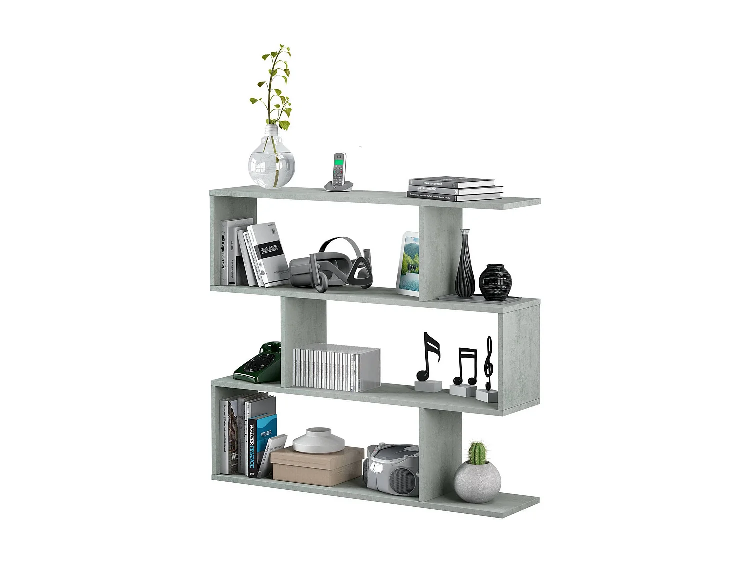 Bibliothèque Hampton, Bibliothèque basse double face, Etagère à trois compartiments, Etagère de bureau moderne, 110x24h97 cm, Gris béton
