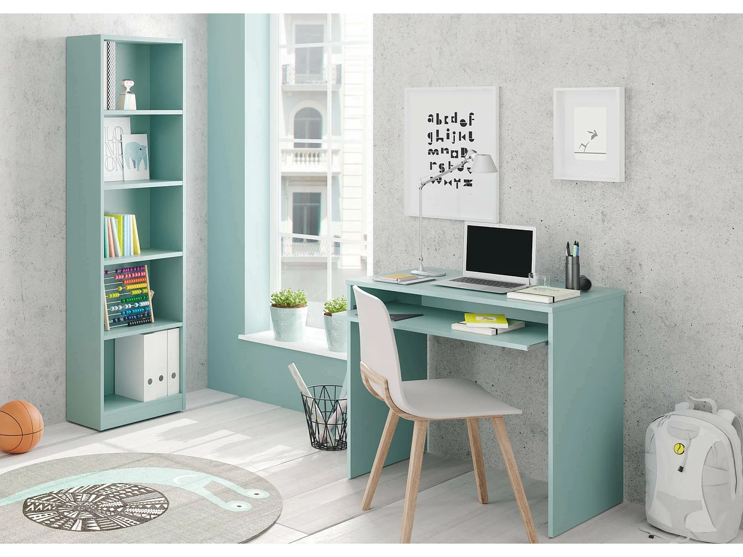 Libreria Pomona, Mobile portalibri alta a 5 ripiani, Scaffale da ufficio o cameretta, Scaffale moderno con scomparti, 52x25h80 cm, Verde acqua