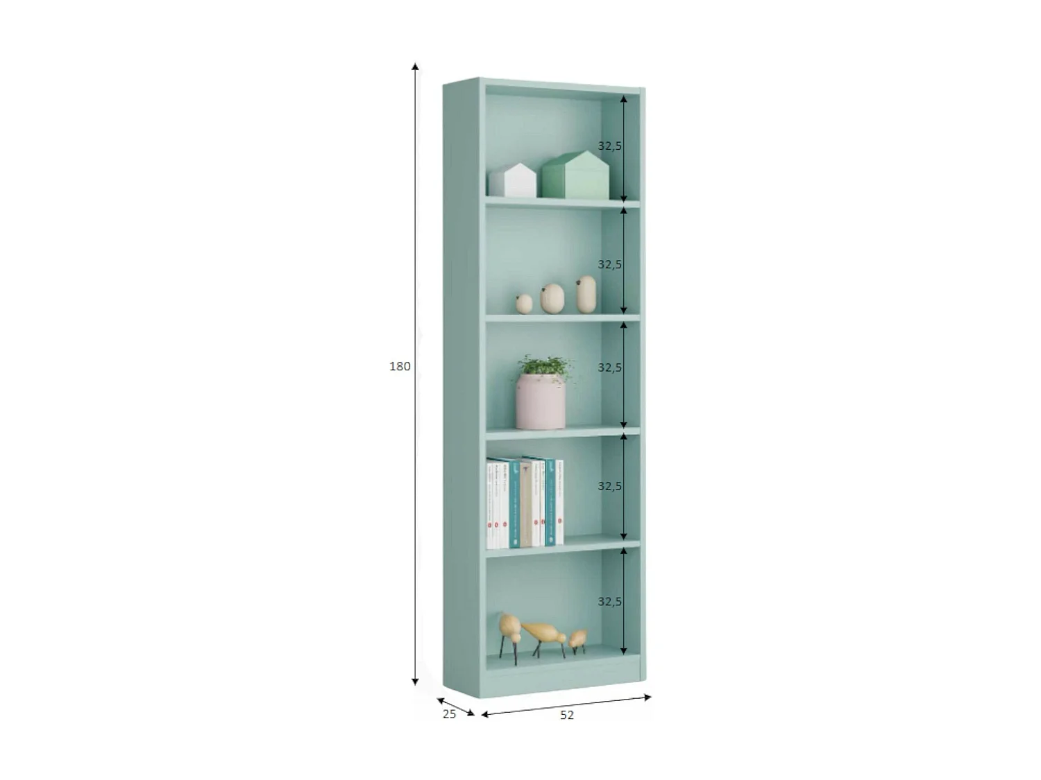 Libreria Pomona, Mobile portalibri alta a 5 ripiani, Scaffale da ufficio o cameretta, Scaffale moderno con scomparti, 52x25h80 cm, Verde acqua