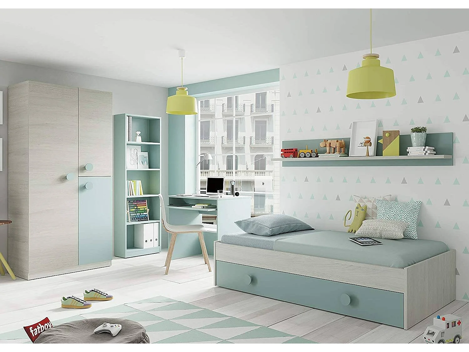 Libreria Pomona, Mobile portalibri alta a 5 ripiani, Scaffale da ufficio o cameretta, Scaffale moderno con scomparti, 52x25h80 cm, Verde acqua