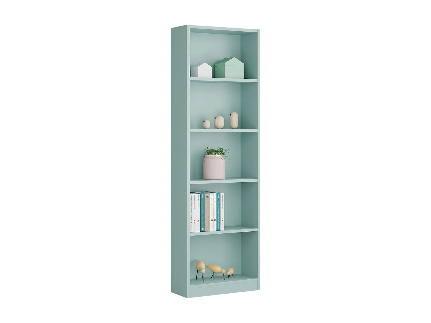 Libreria Pomona, Mobile portalibri alta a 5 ripiani, Scaffale da ufficio o cameretta, Scaffale moderno con scomparti, 52x25h80 cm, Verde acqua