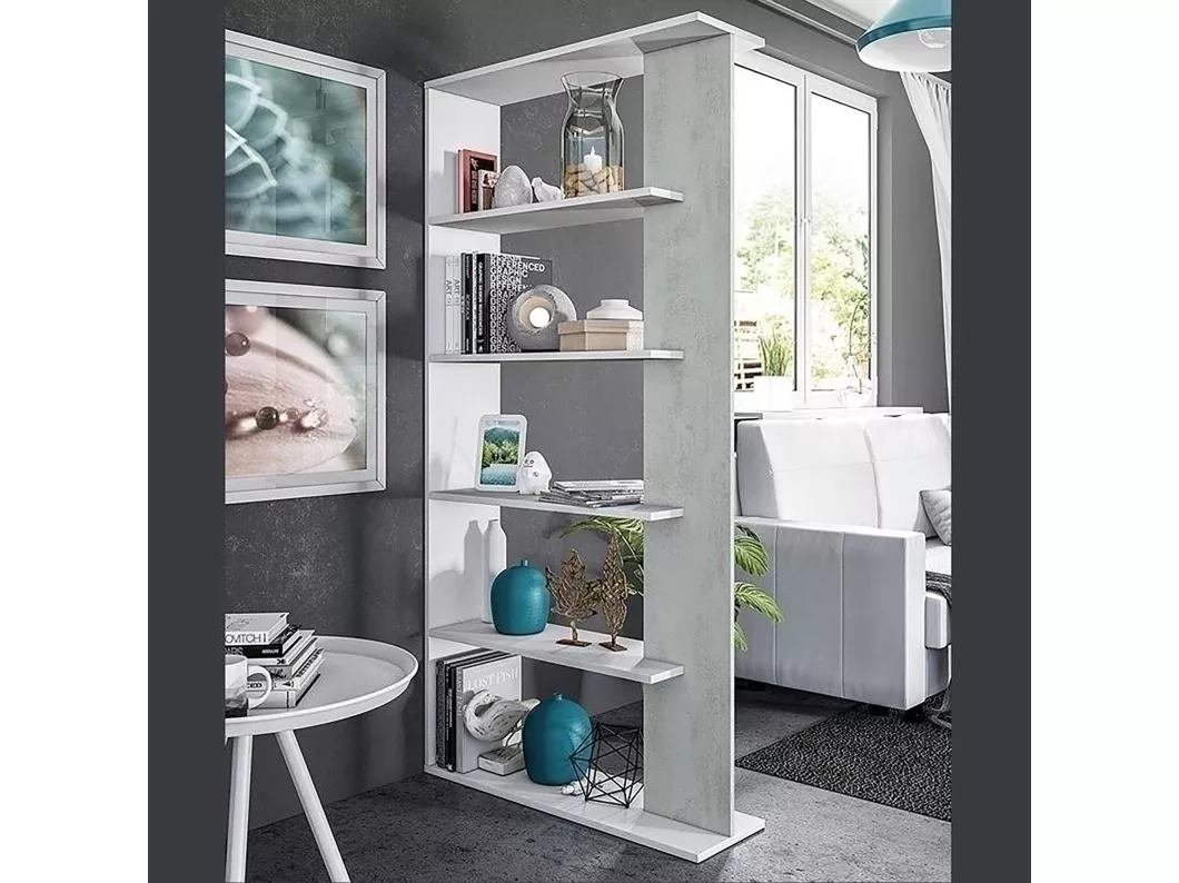 Kauf Unique Columbia Bücherregal, doppelseitiges Bücherregal mit 5 Regalen, Trennregal für Büro oder Schlafzimmer, 90 x 25 x 180 cm, Weiß und Zement