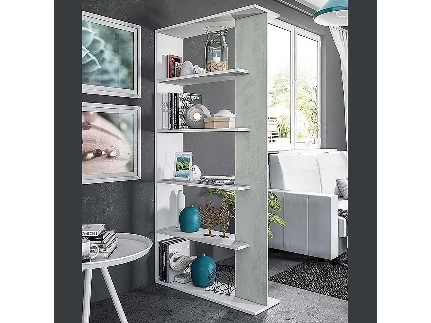 Columbia Librería, Librería de doble cara con 5 estantes, Estante divisorio para oficina o dormitorio, 90x25h180 cm, Blanco y Cemento