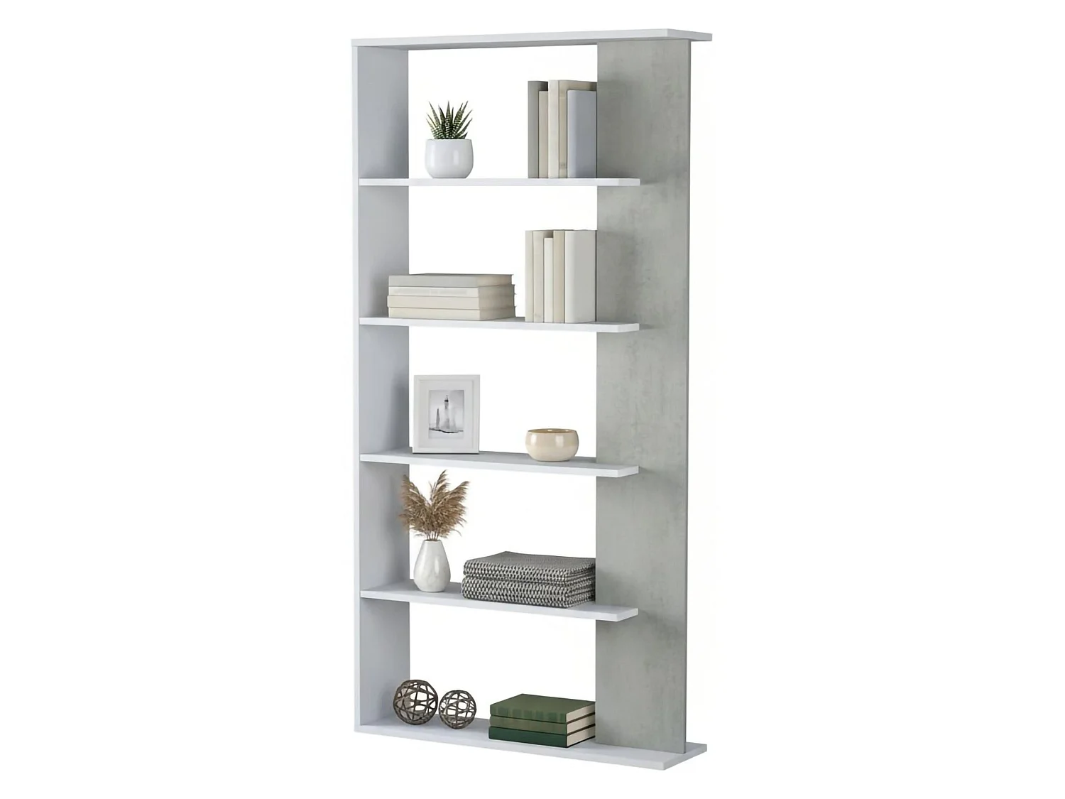 Bibliothèque Columbia, Bibliothèque double face avec 5 étagères, Etagère de séparation pour bureau ou chambre, 90x25h180 cm, Blanc et Ciment