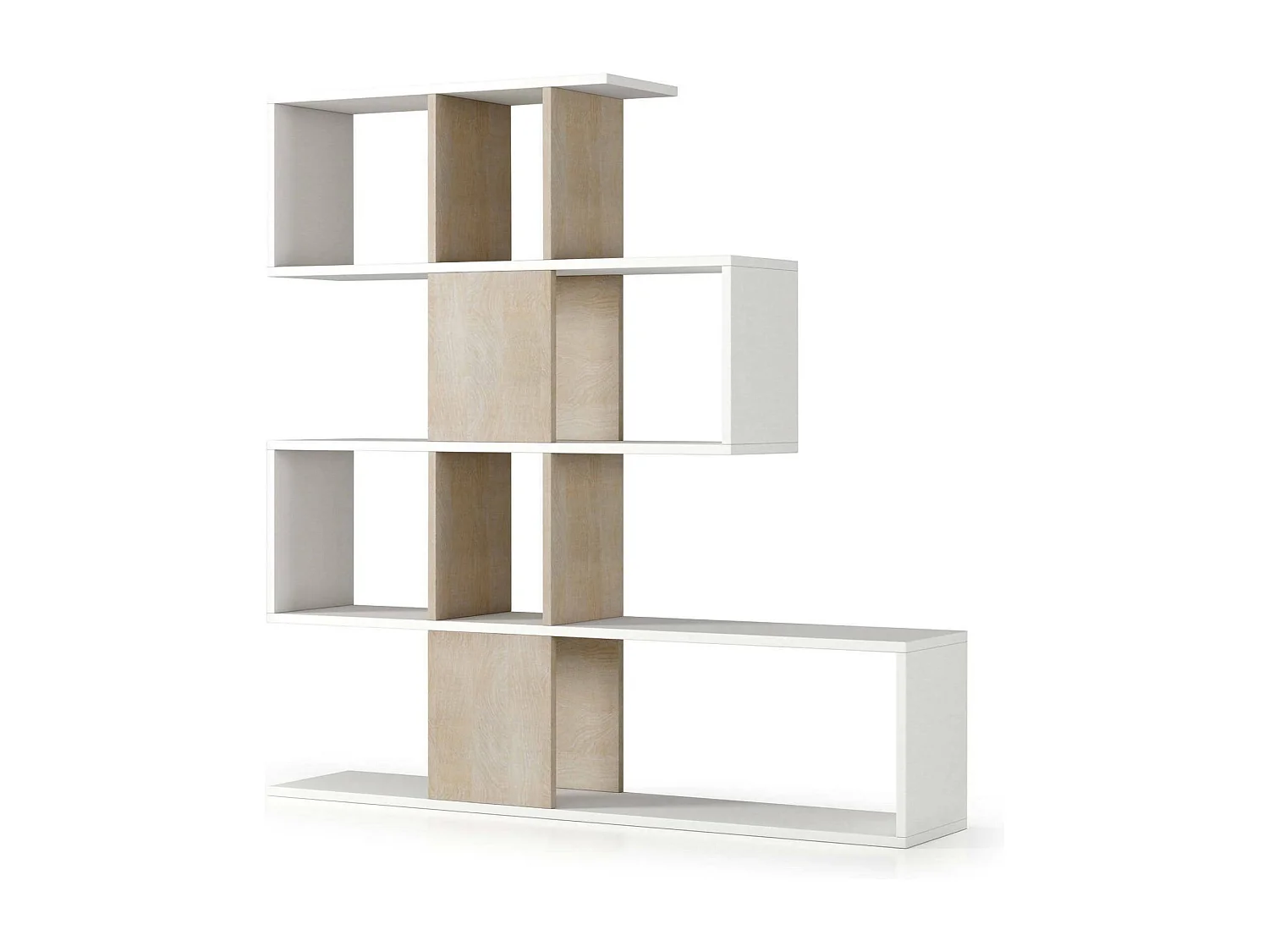 Hoya boekenkast, Dubbelzijdige bibliotheek met 5 planken, Zigzag plank voor boeken, Bovenkast met planken, 100% Made in Italy, 145x29h145 cm, Wit en Eiken