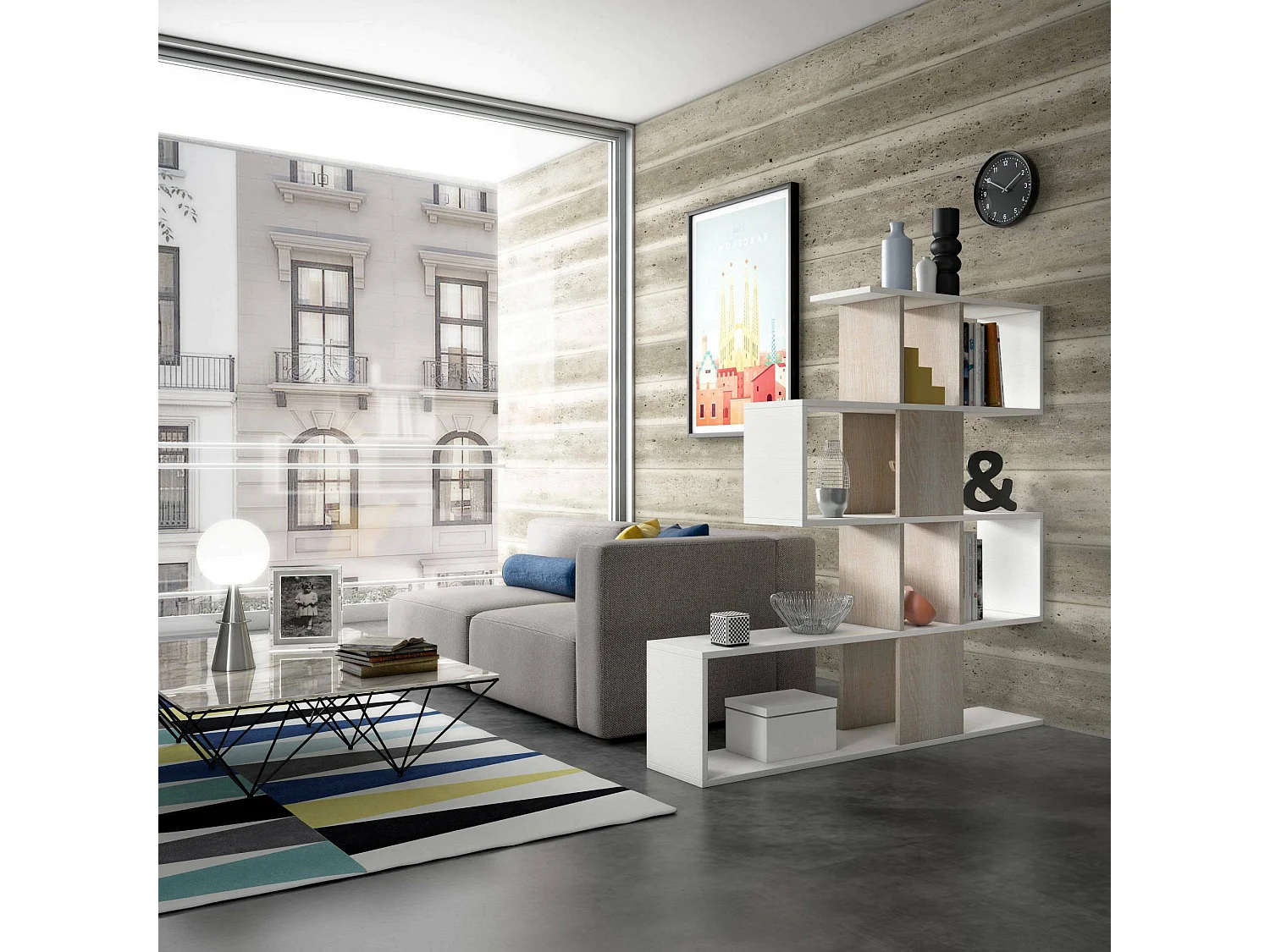 Hoya boekenkast, Dubbelzijdige bibliotheek met 5 planken, Zigzag plank voor boeken, Bovenkast met planken, 100% Made in Italy, 145x29h145 cm, Wit en Eiken