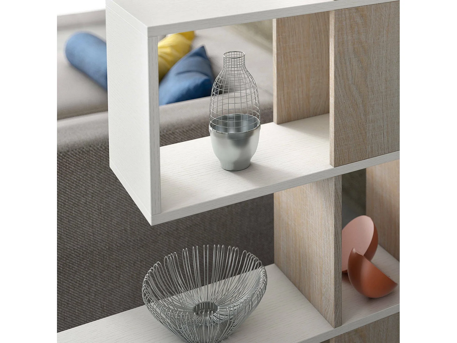 Hoya boekenkast, Dubbelzijdige bibliotheek met 5 planken, Zigzag plank voor boeken, Bovenkast met planken, 100% Made in Italy, 145x29h145 cm, Wit en Eiken