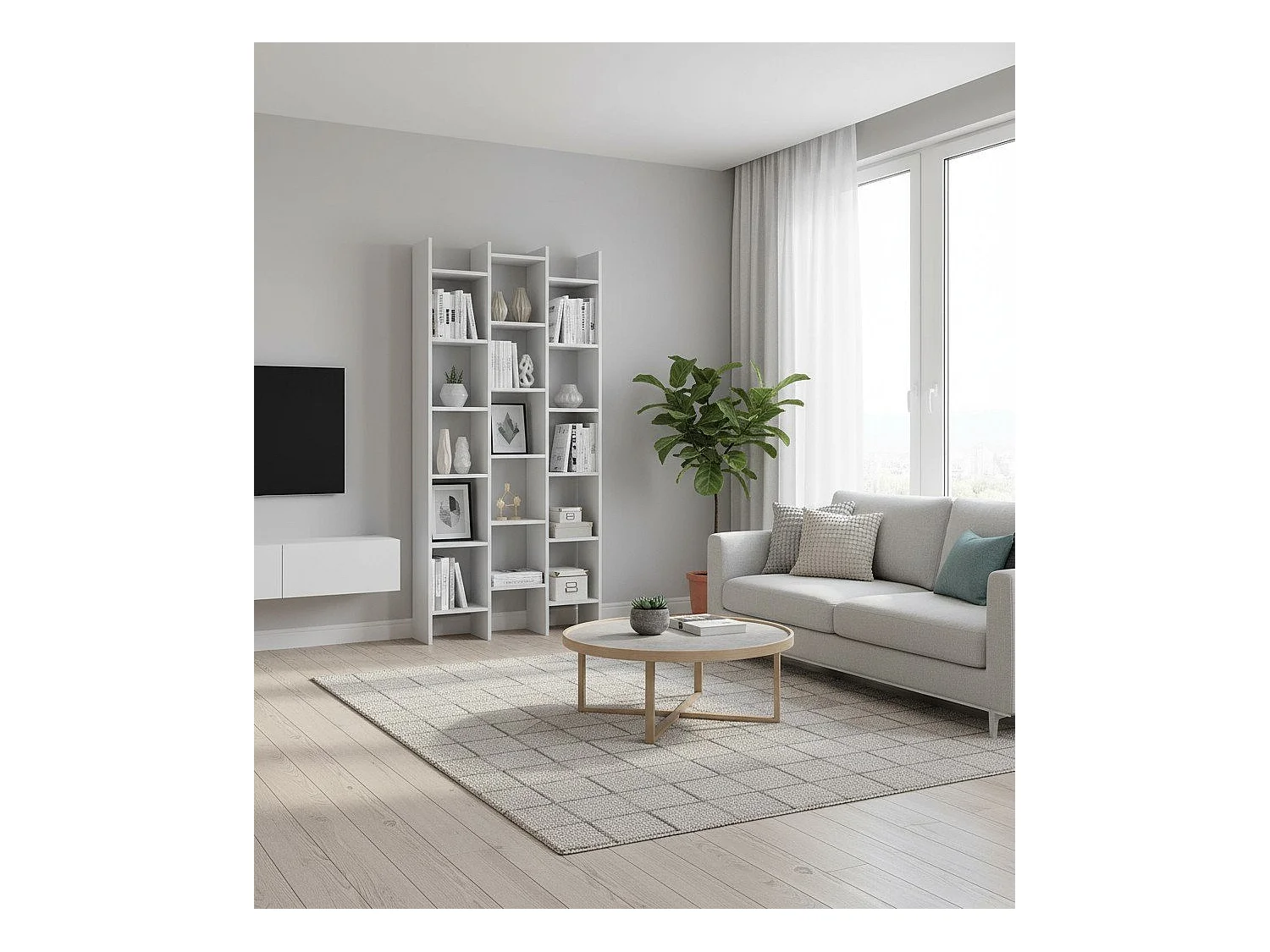 Bibliothèque Rockford, Bibliothèque avec 18 étagères, Étagère avec compartiments carrés, Étagère de bureau moderne, 96x29h192 cm, Blanc