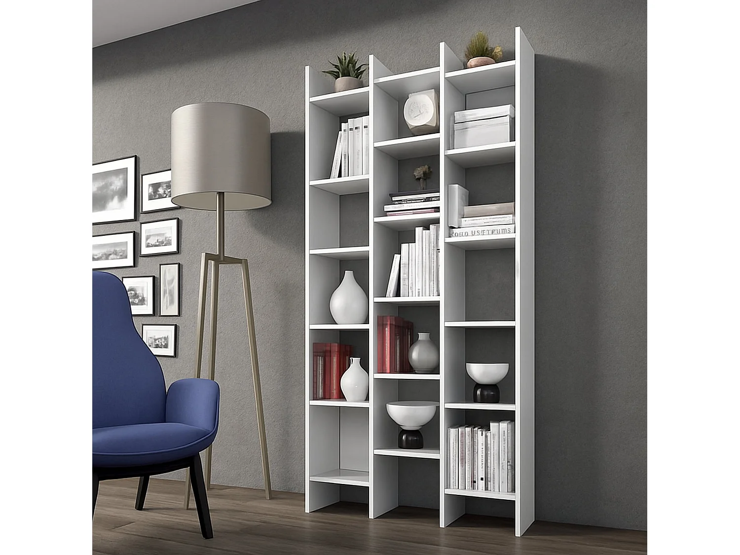 Dmora Boekenkast Rockford 29x96x192h cm Wit 18 Planken Wandmontage, Bibliotheek Structuurmateriaal Hout