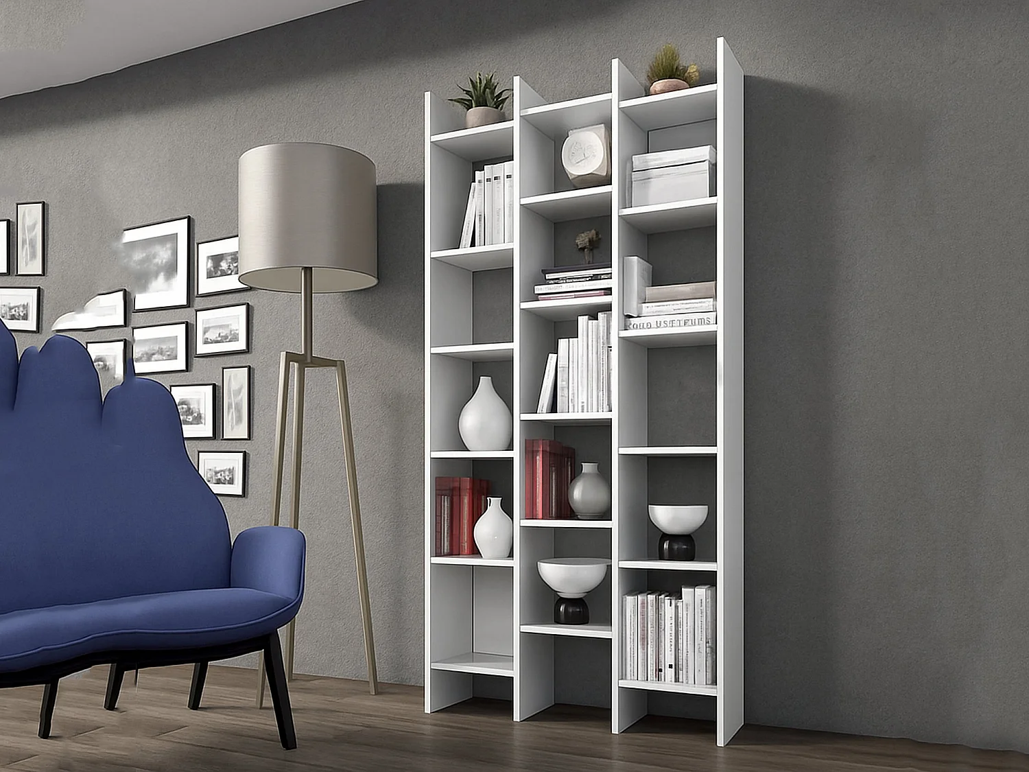 Libreria Rockford, Mobile portalibri con 18 ripiani, Scaffale con scomparti quadrati, Scaffale moderno da ufficio, 96x29h192 cm, Bianco