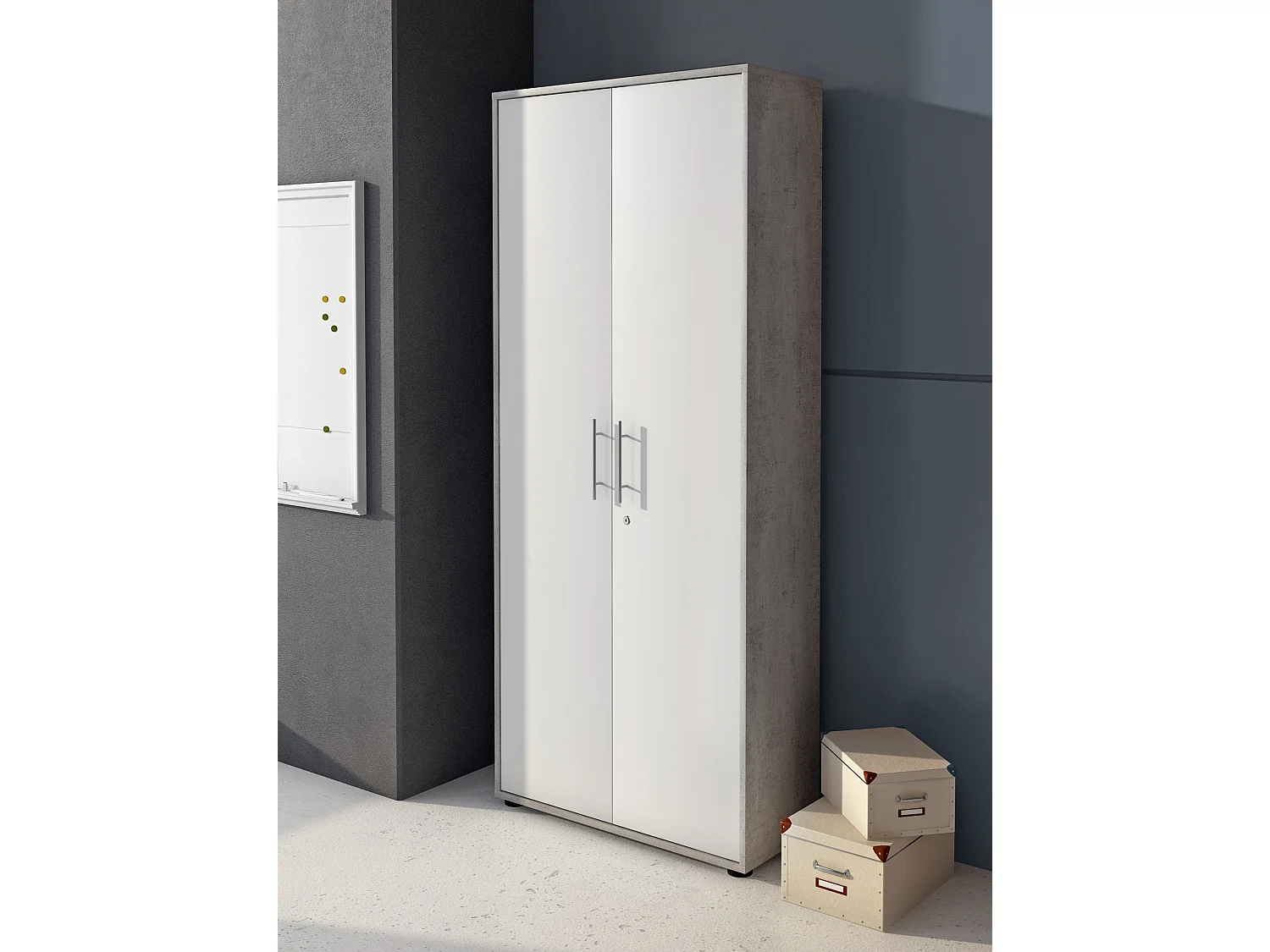 Armoire polyvalente à 2 portes Cambrils, Armoire auxiliaire, Armoire à chaussures, Bibliothèque multifonction avec 2 portes, 79x34h188 cm, Blanc et Ciment