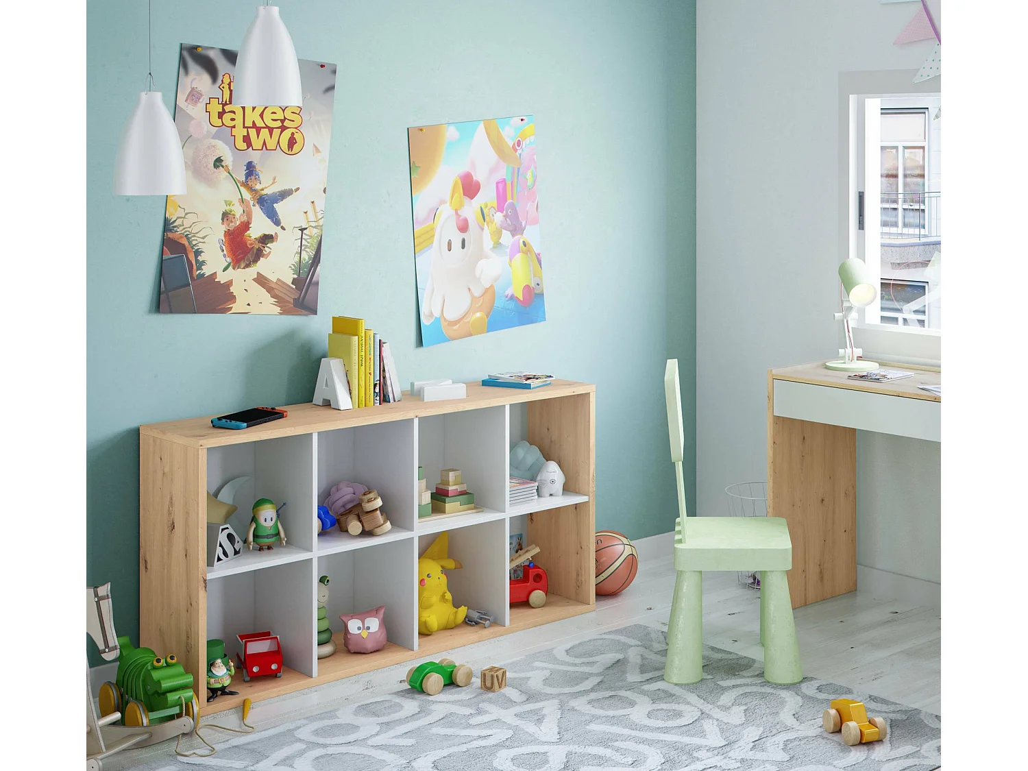 Librería Sacramento, Librería reversible con 8 compartimentos, Mueble TV multiposición, 72x33h137 cm, Roble efecto nudo y Blanco