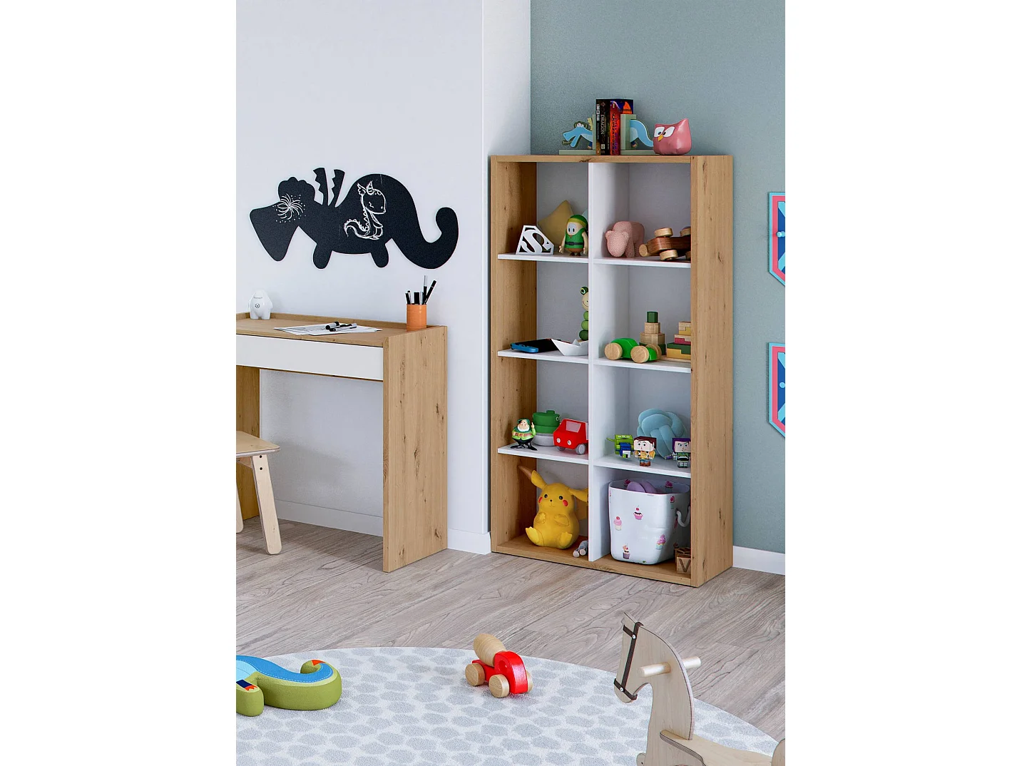 Sacramento-Bücherregal, Wende-Bücherregal mit 8 Fächern, TV-Ständer mit mehreren Positionen, 72 x 33 x 137 cm, Eiche mit Knoteneffekt und WeiÃŸ