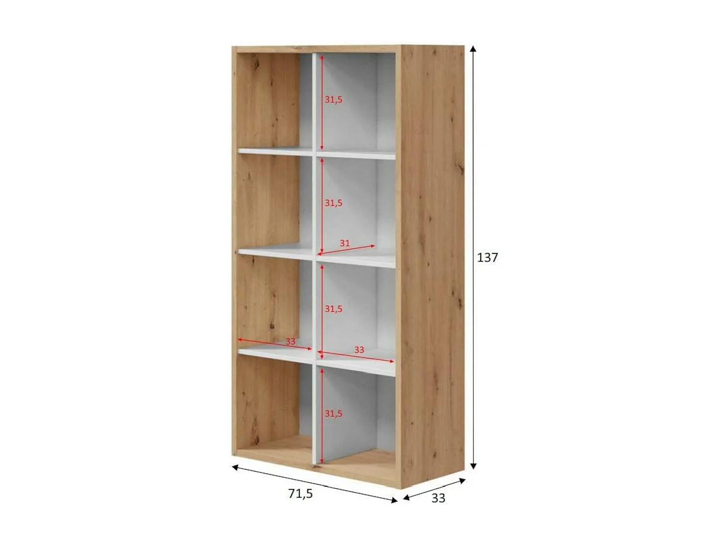 Sacramento-Bücherregal, Wende-Bücherregal mit 8 Fächern, TV-Ständer mit mehreren Positionen, 72 x 33 x 137 cm, Eiche mit Knoteneffekt und WeiÃŸ
