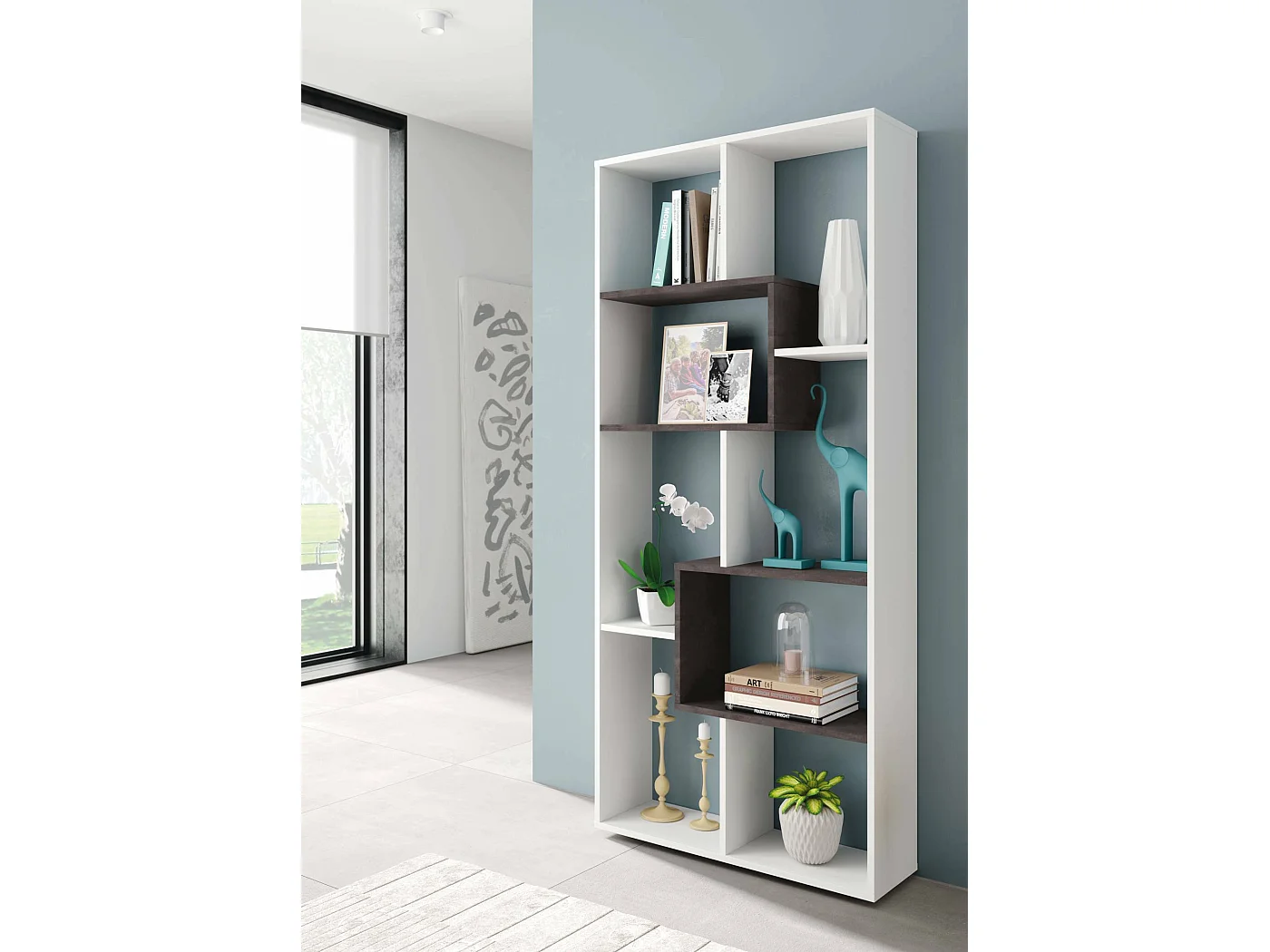 Fremont Bücherregal, Bücherregal mit mehreren Positionen und 8 Fächern, Büroregal, Raumteilerregal, 80x25h180 cm, WeiÃŸ und Oxid