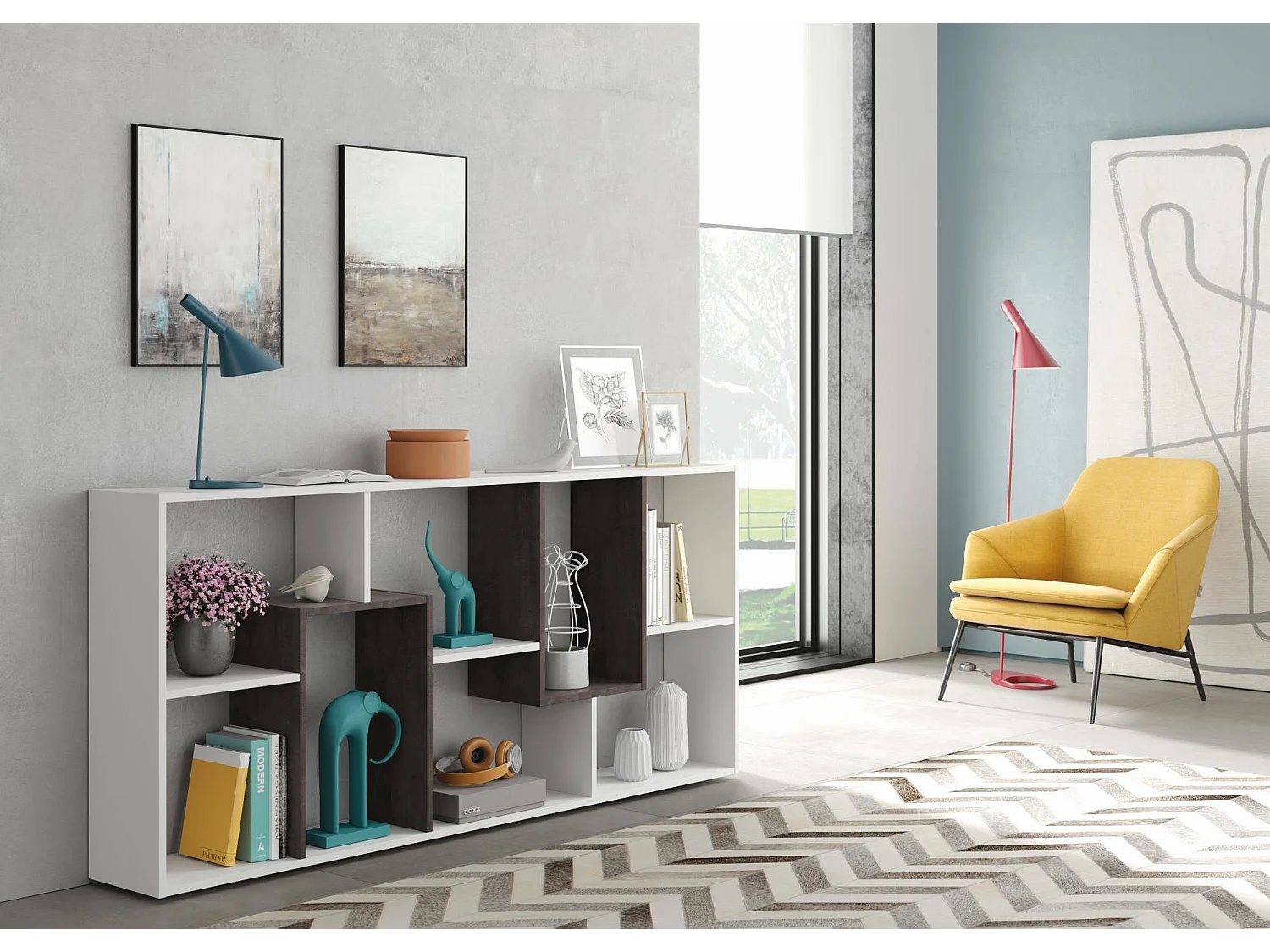 Libreria Fremont, Mobile portalibri multiposizione con 8 scomparti, Scaffale da ufficio, Scaffale divisorio per camera, 80x25h180 cm, Bianco e Ossido