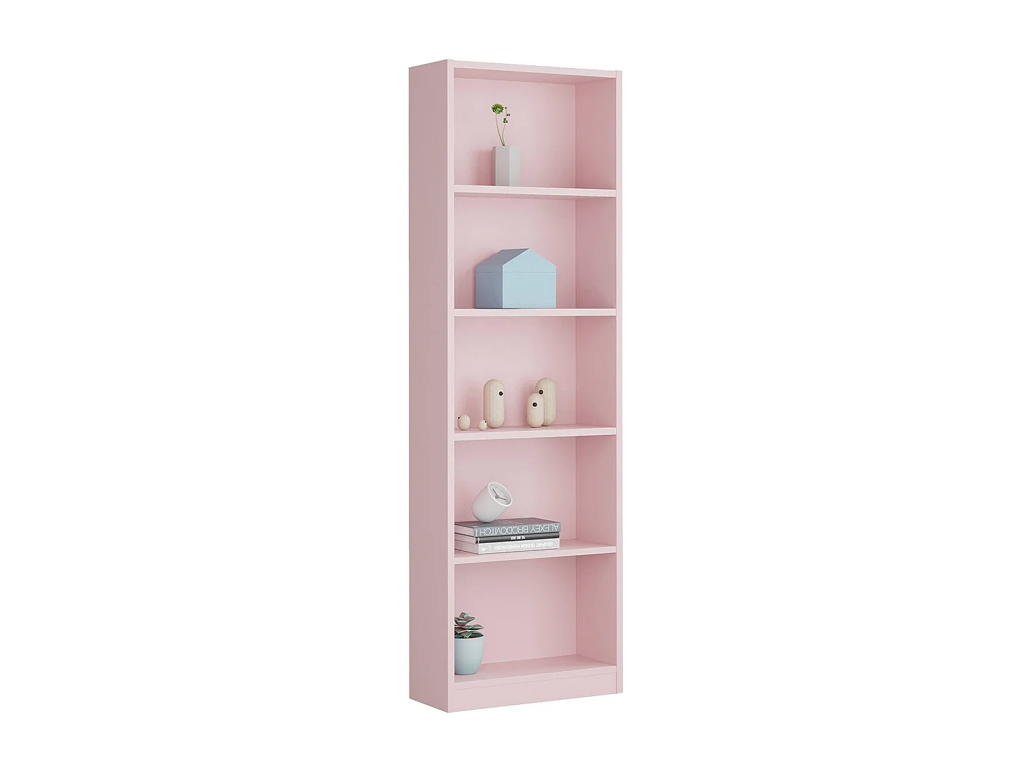 Bibliothèque Pomona, Bibliothèque haute avec 5 étagères, Etagère de bureau ou de chambre, Etagère moderne avec compartiments, 52x25h180 cm, Rose
